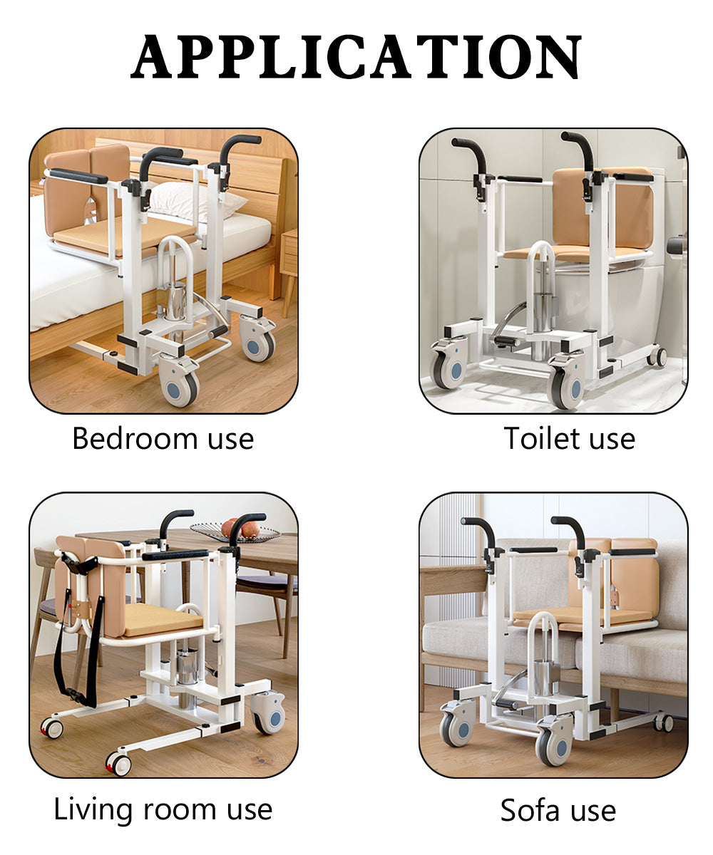 Silla para pacientes Silla de ruedas con elevación hidráulica transferida con asiento y mesa divididos en 180°