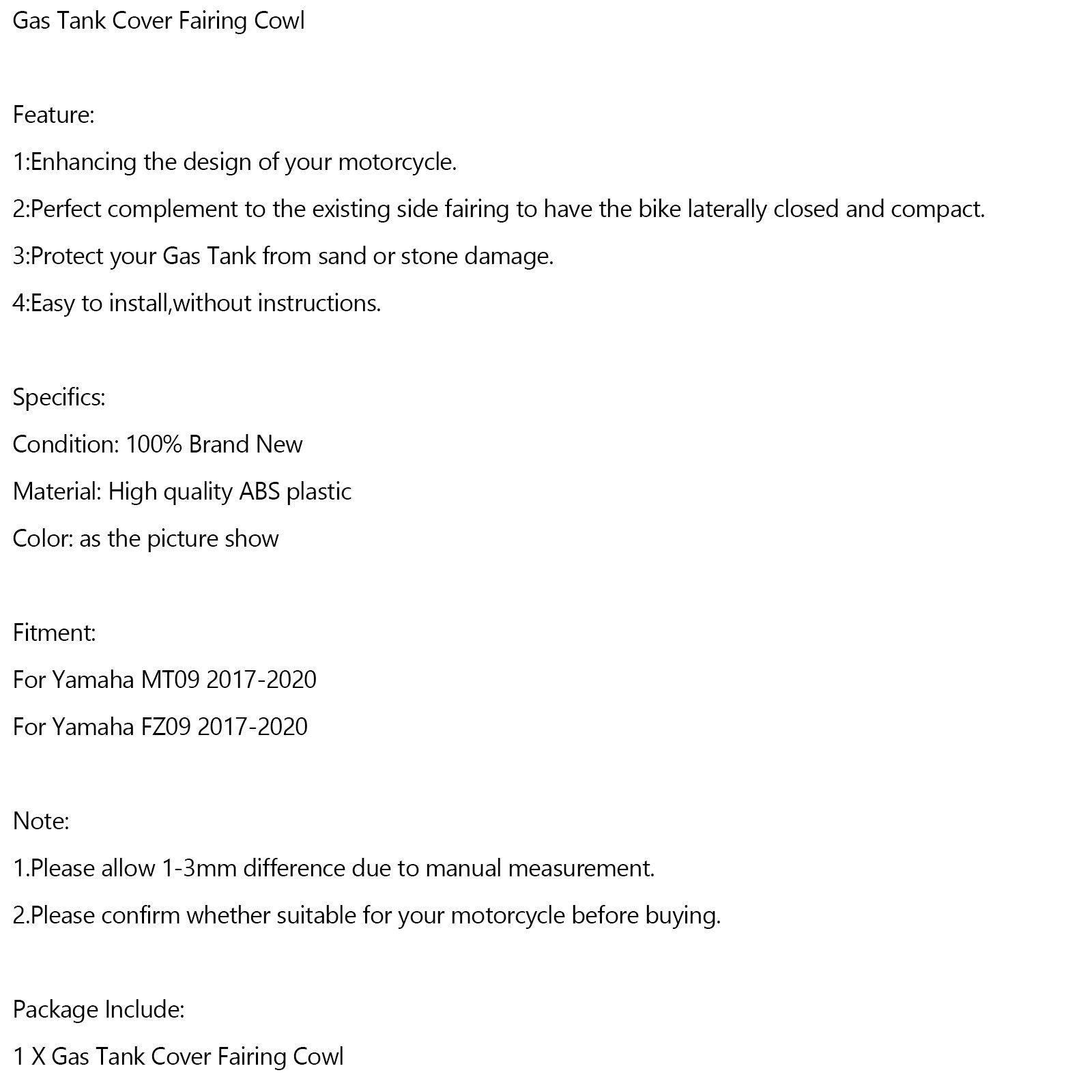 2017-2020 Yamaha MT-09 MT09 FZ09 Gas Tank Cover Trim Fairing Cowl