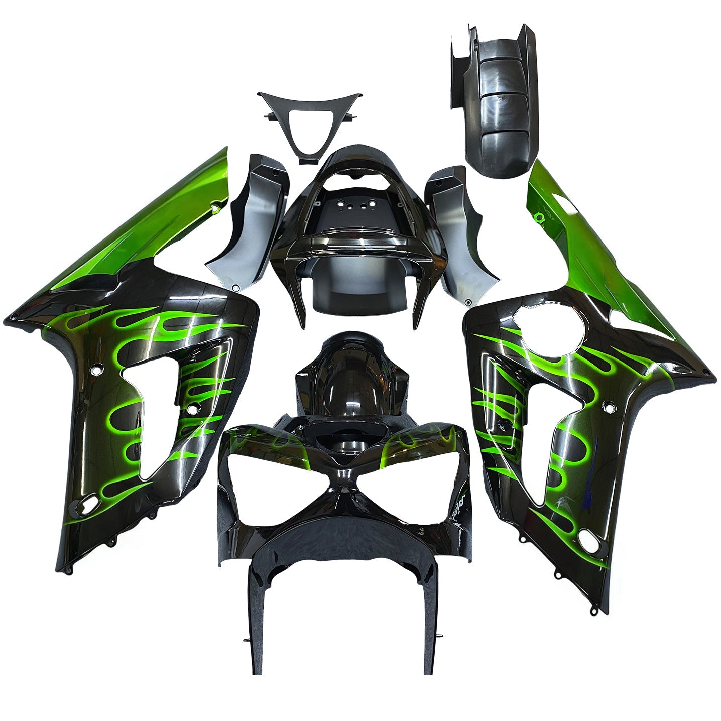 Fairings 2003-2004 Kawasaki ZX6R 636 Black & Green Flame Ninja Generic