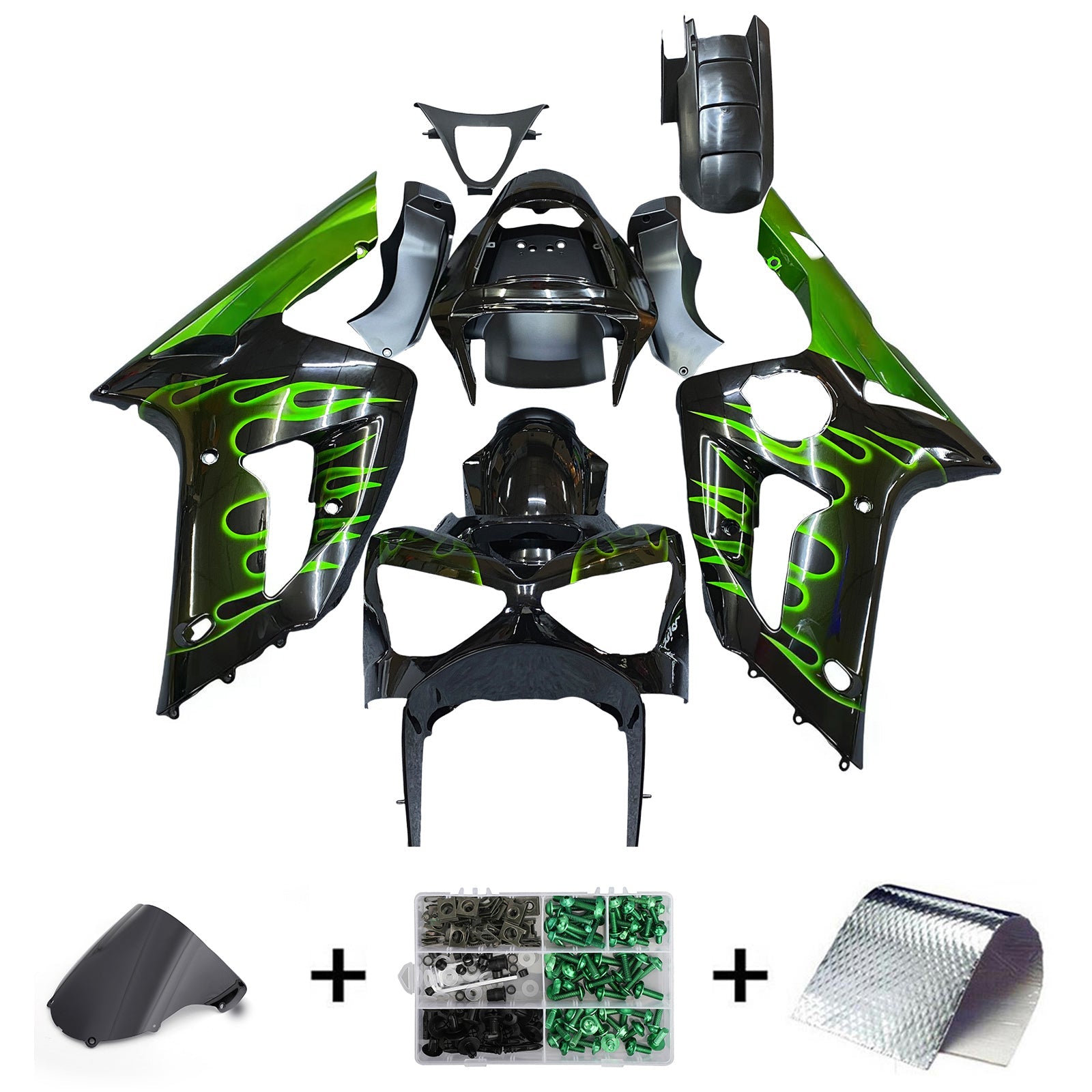 Fairings 2003-2004 Kawasaki ZX6R 636 Black & Green Flame Ninja Generic