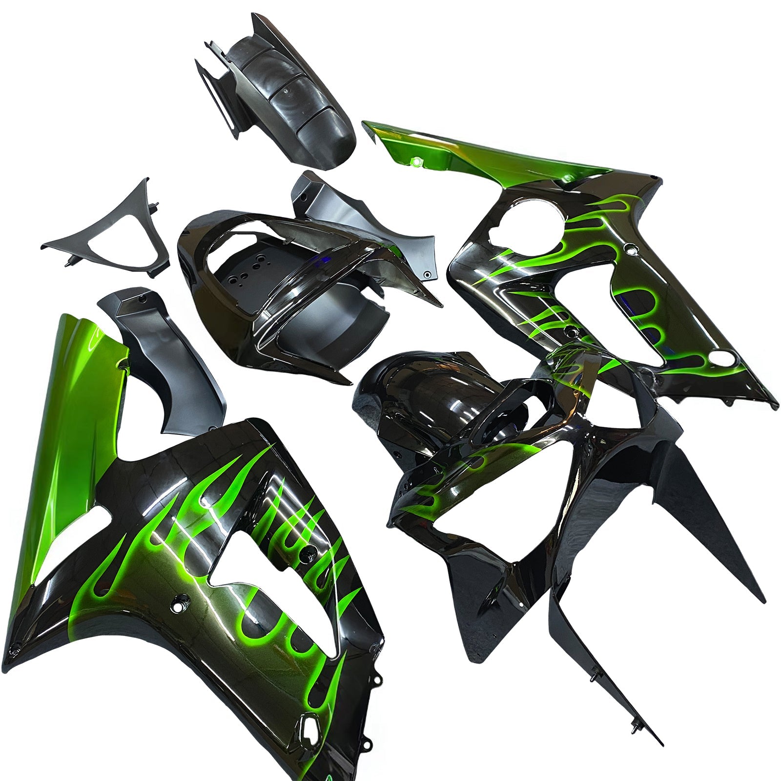 Fairings 2003-2004 Kawasaki ZX6R 636 Black & Green Flame Ninja Generic
