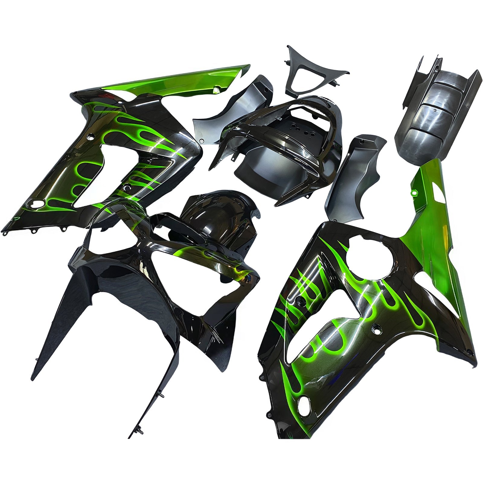 Fairings 2003-2004 Kawasaki ZX6R 636 Black & Green Flame Ninja Generic