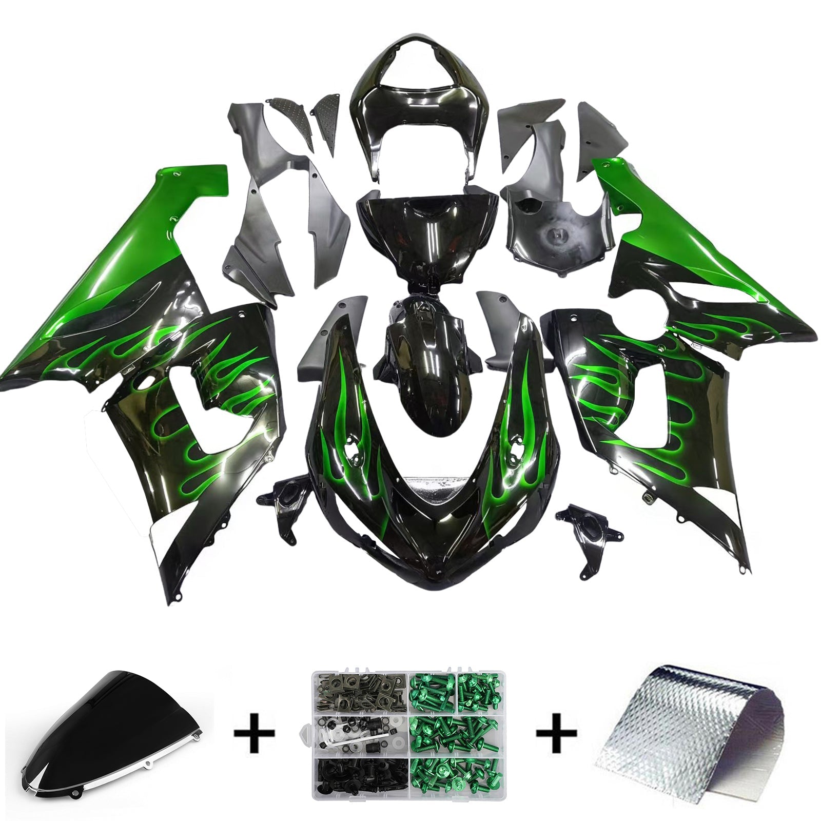 Carenados 2005-2006 Kawasaki ZX6R 636 Negro y Verde Flame Ninja Genérico