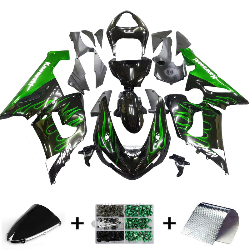 Fairings 2005-2006 Kawasaki ZX6R 636 Black & Green Flame Ninja  Generic