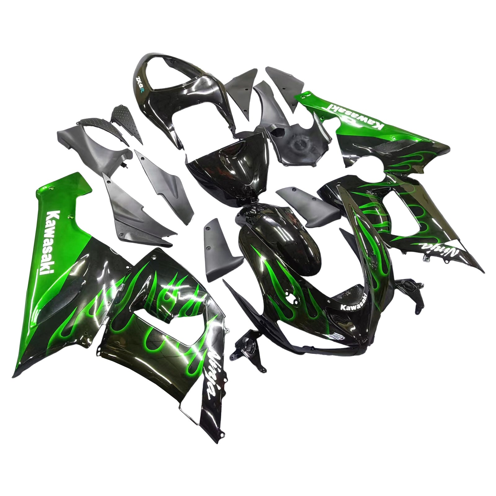 Fairings 2005-2006 Kawasaki ZX6R 636 Black &amp; Green Flame Ninja Generic