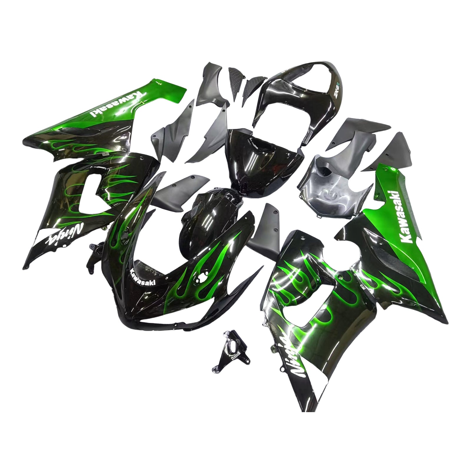 Fairings 2005-2006 Kawasaki ZX6R 636 Black &amp; Green Flame Ninja Generic