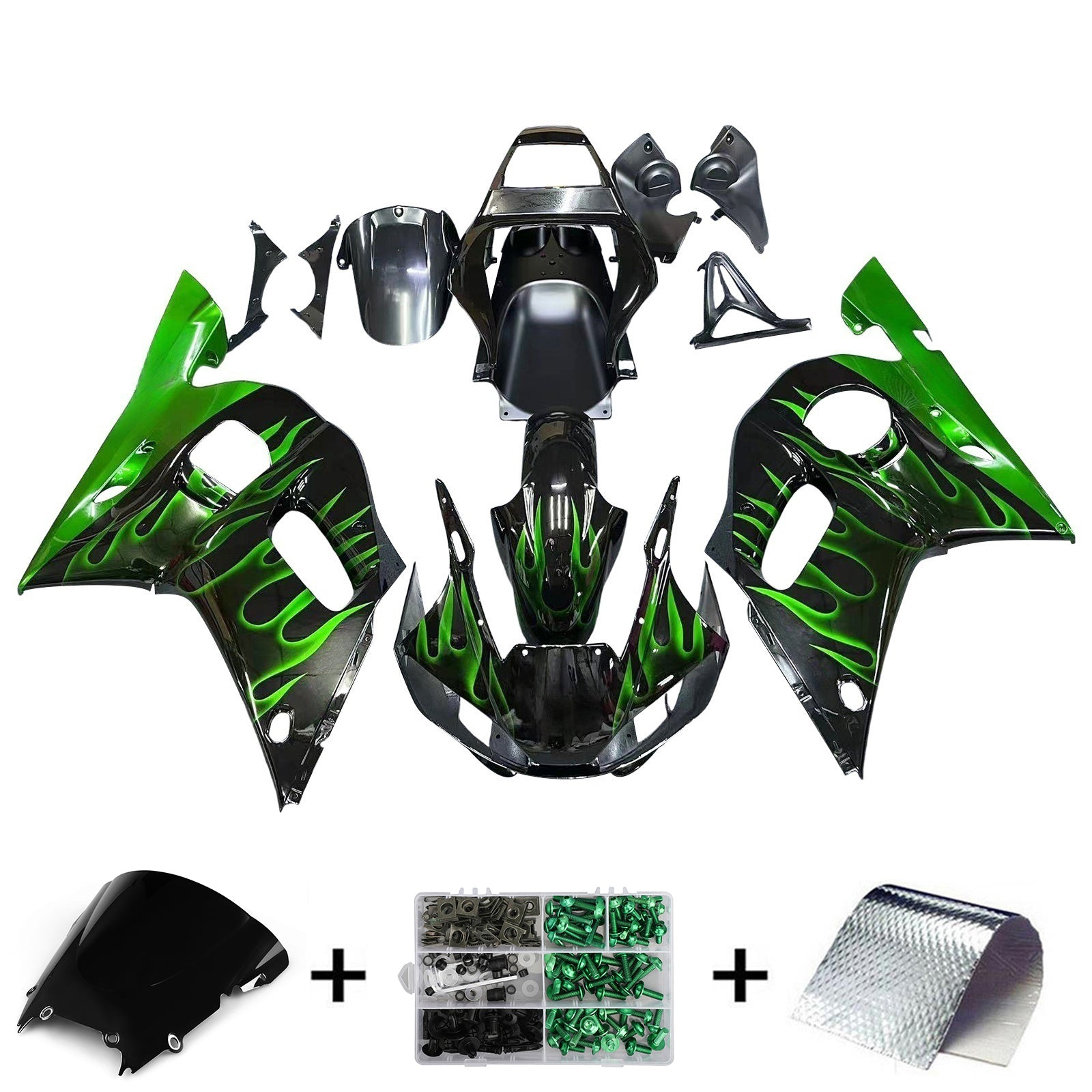 Carenados 1998-2002 Yamaha YZF-R6 Black &amp; Green Flame R6 Racing Generic