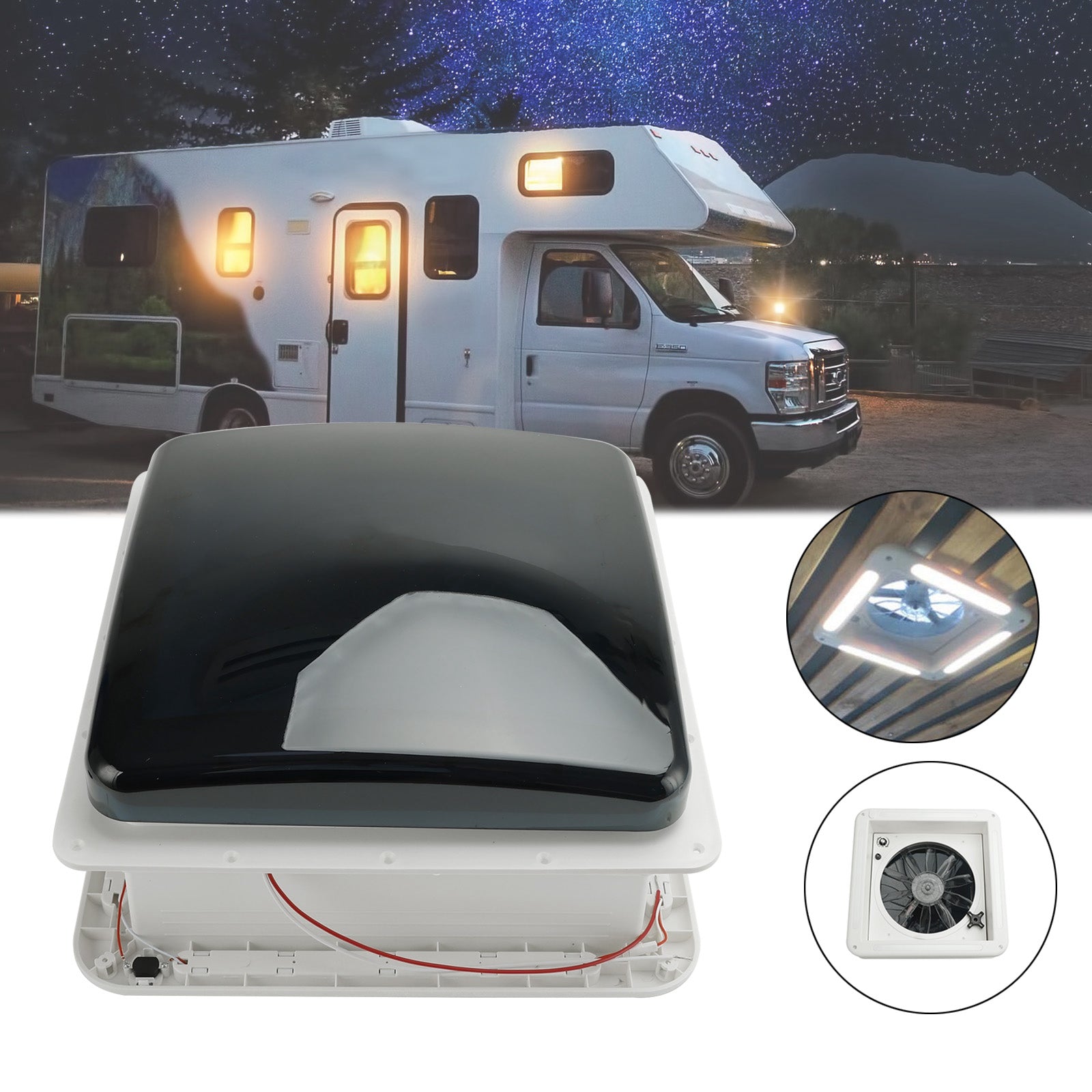 14" RV Caravan Roof Vent 3-Speed Motor RV Fan 12V Skylight With LED Light