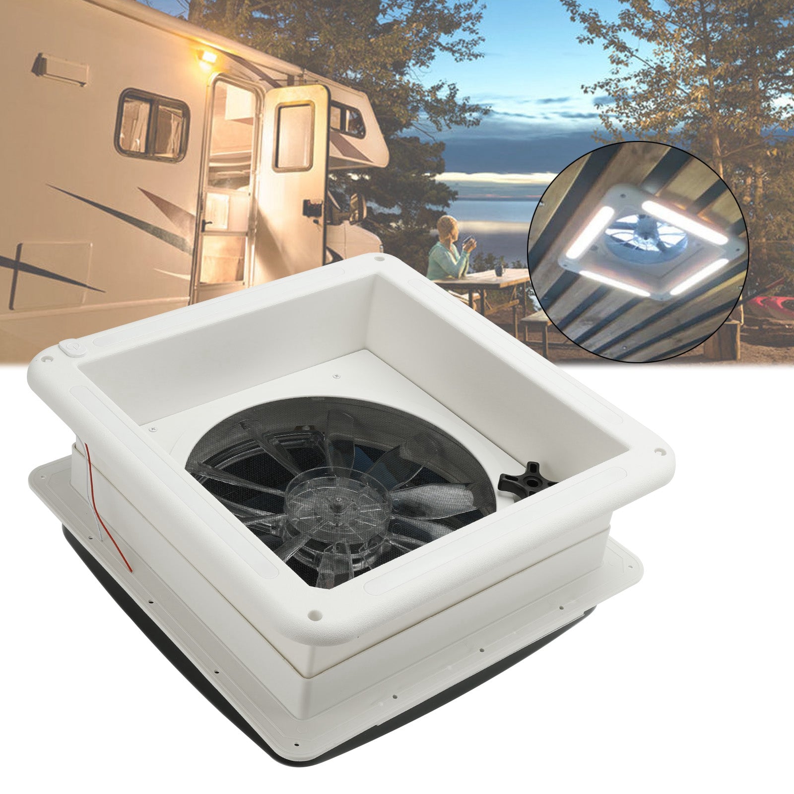 14" RV Caravan Roof Vent 3-Speed Motor RV Fan 12V Skylight With LED Light