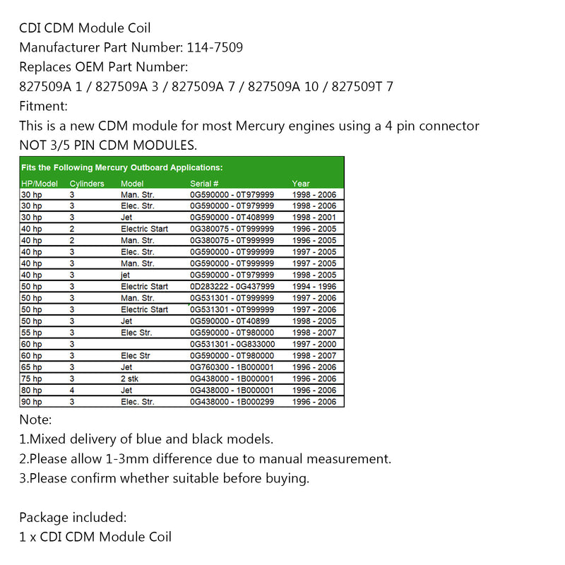CDI CDM Module Coil for 114-7509 A7 Mercury 100 115 135 150-250 hp