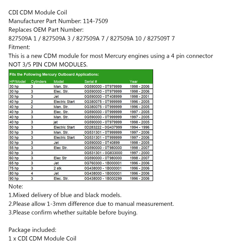 Bobina del módulo CDI CDM para 114-7509 A7 Mercury 100 115 135 150-250 hp