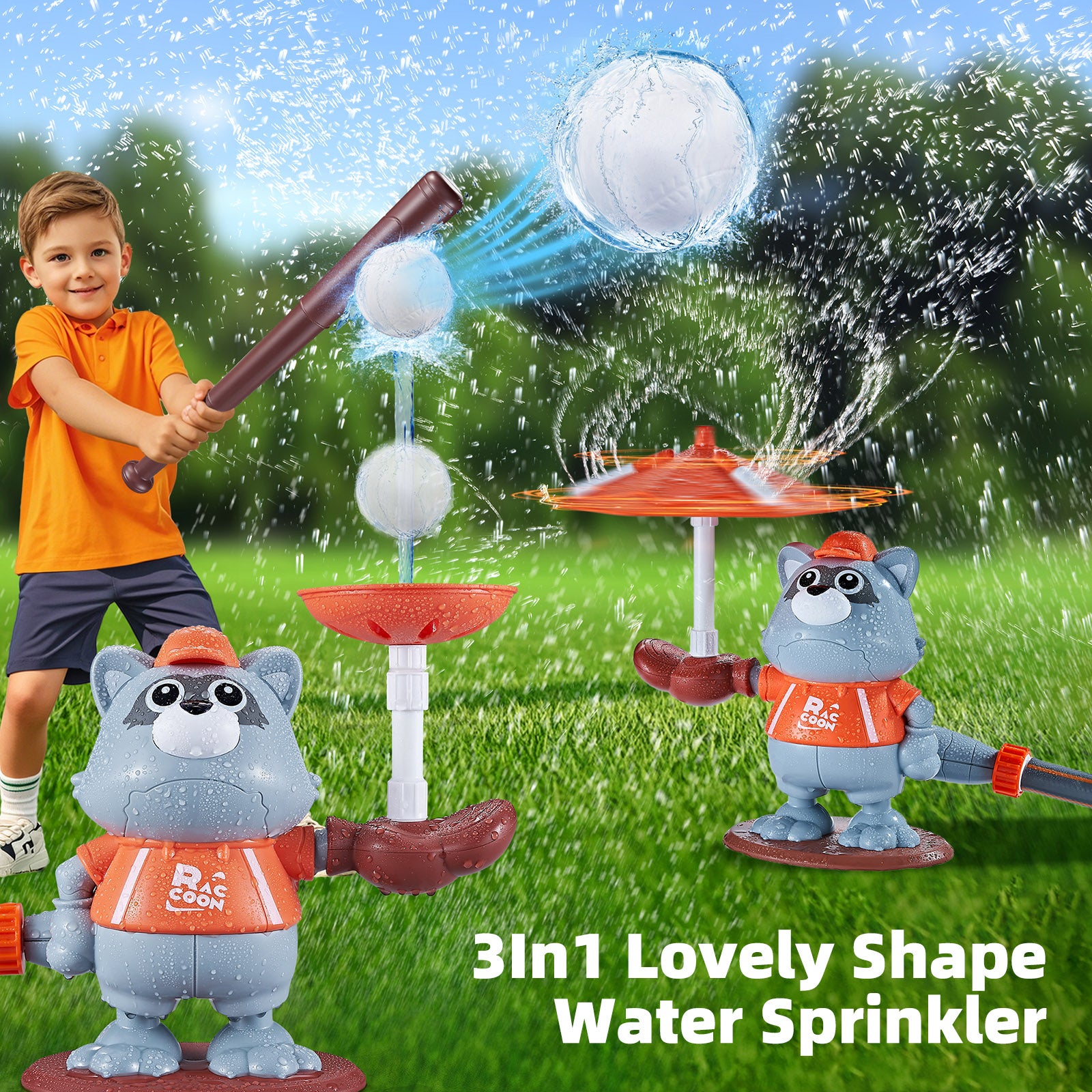 3In1 Lovely Shape Water Sprinkler With Baseball Play Toy Kid Outdoor Squirt Toy
