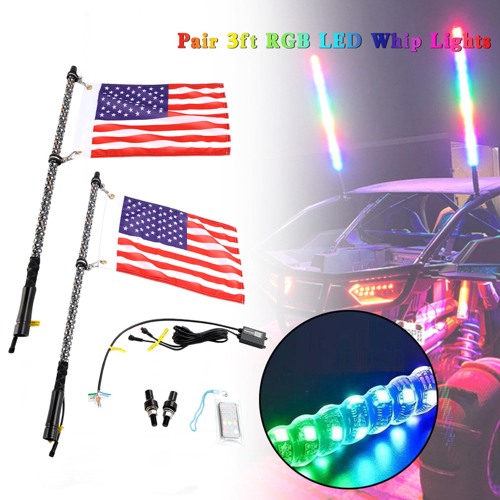 2X 3ft RGB LED Whip Lights Antenna W/ Flag Remote Control For Polaris RZR UTV ATV