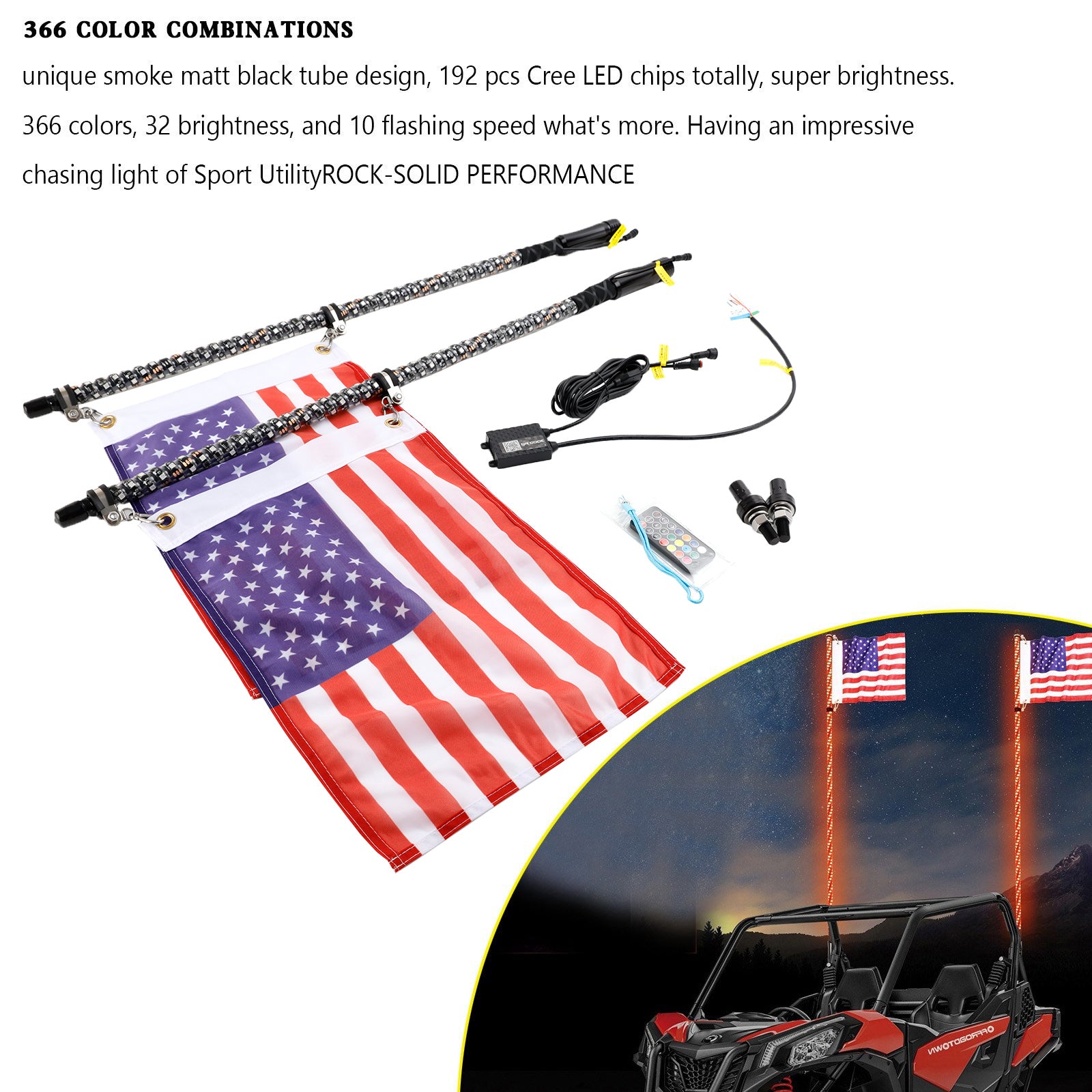 2X 3ft RGB LED Whip Lights Antenna W/ Flag Remote Control For Polaris RZR UTV ATV