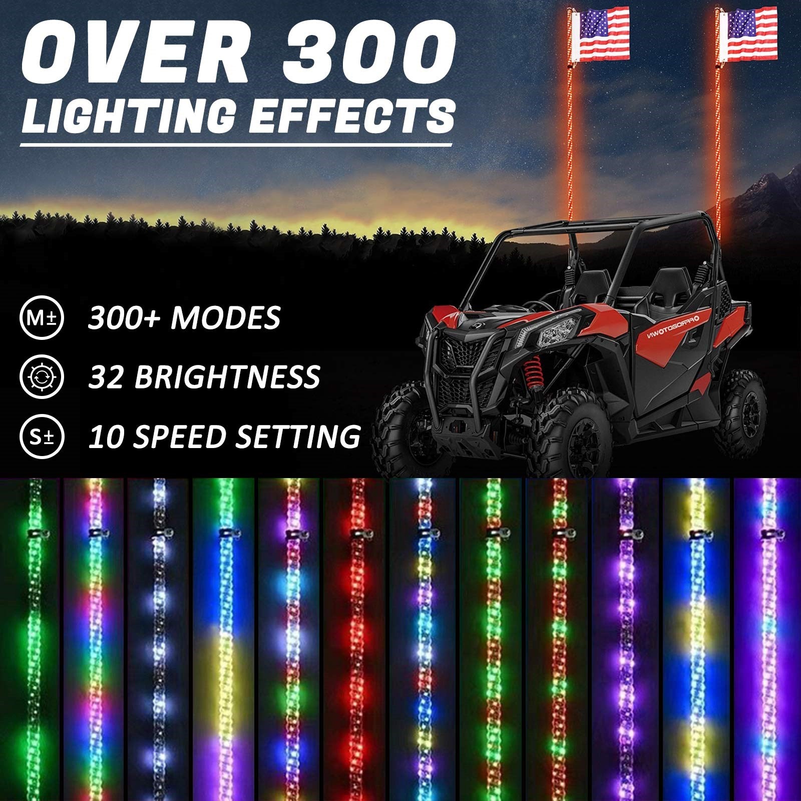 2X 3ft RGB LED Whip Lights Antenna W/ Flag Remote Control For Polaris RZR UTV ATV