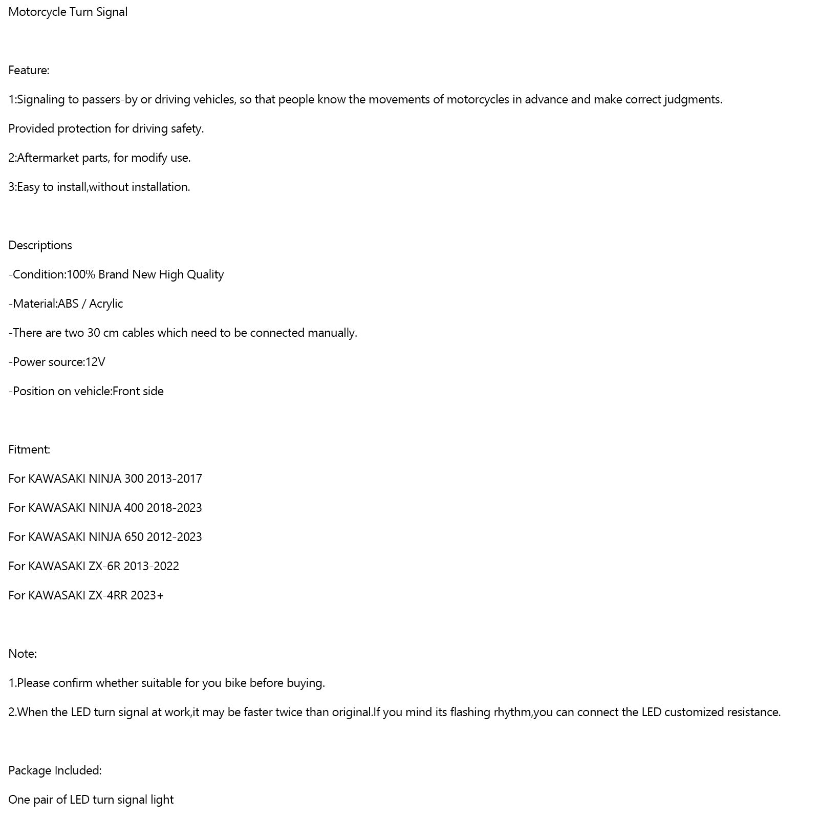 가와사키 닌자 300 400 650 ZX-6R ZX-4RR 2013+ LED 전면 방향 지시등