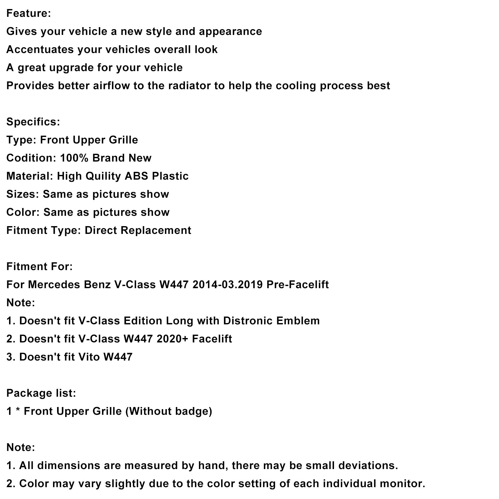 2014-03.2019 Mercedes Benz V Class W447 Front Upper Grille Grill