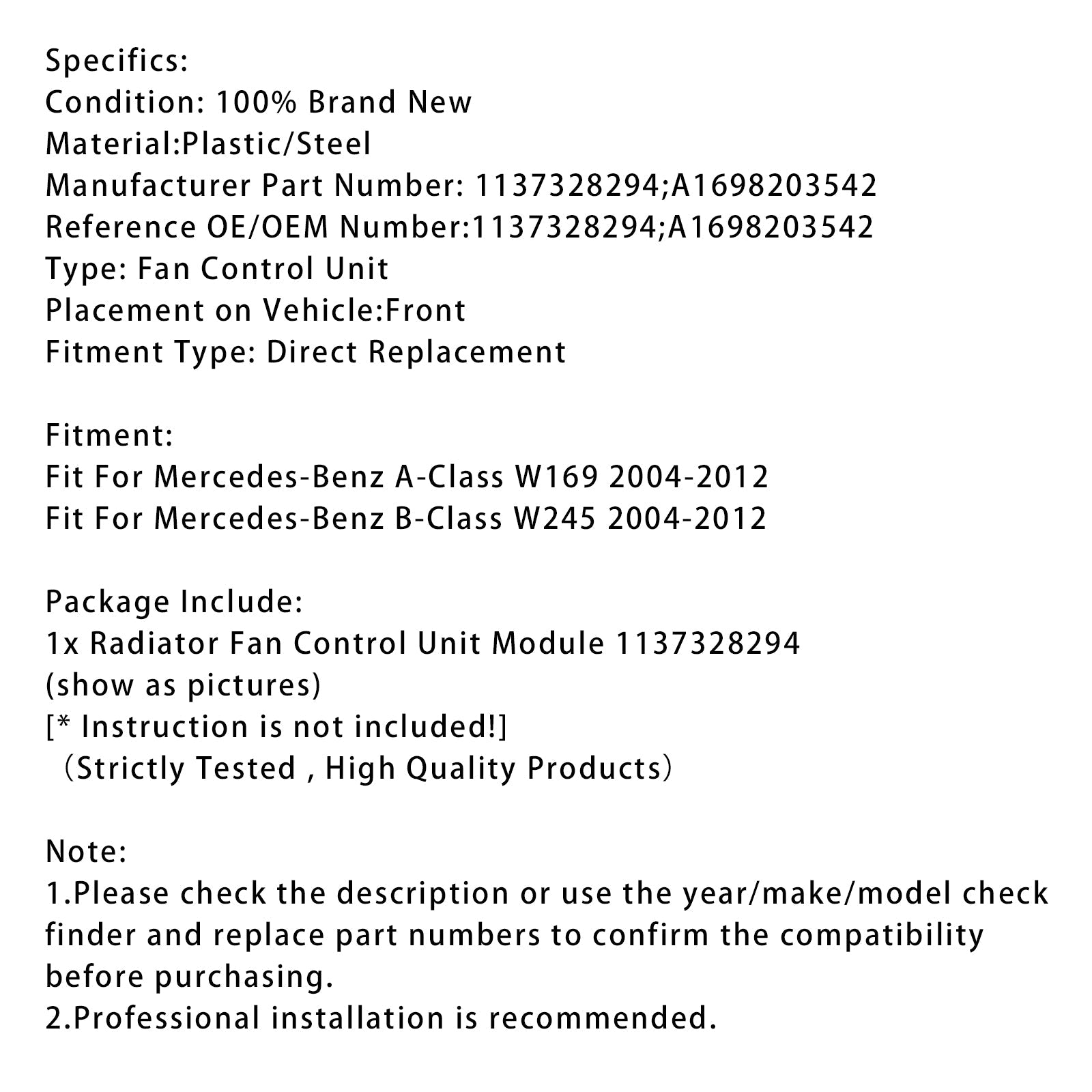 2004-2012 Mercedes-Benz W169 W245 Radiator Fan Control Module 1137328294 A1698203542