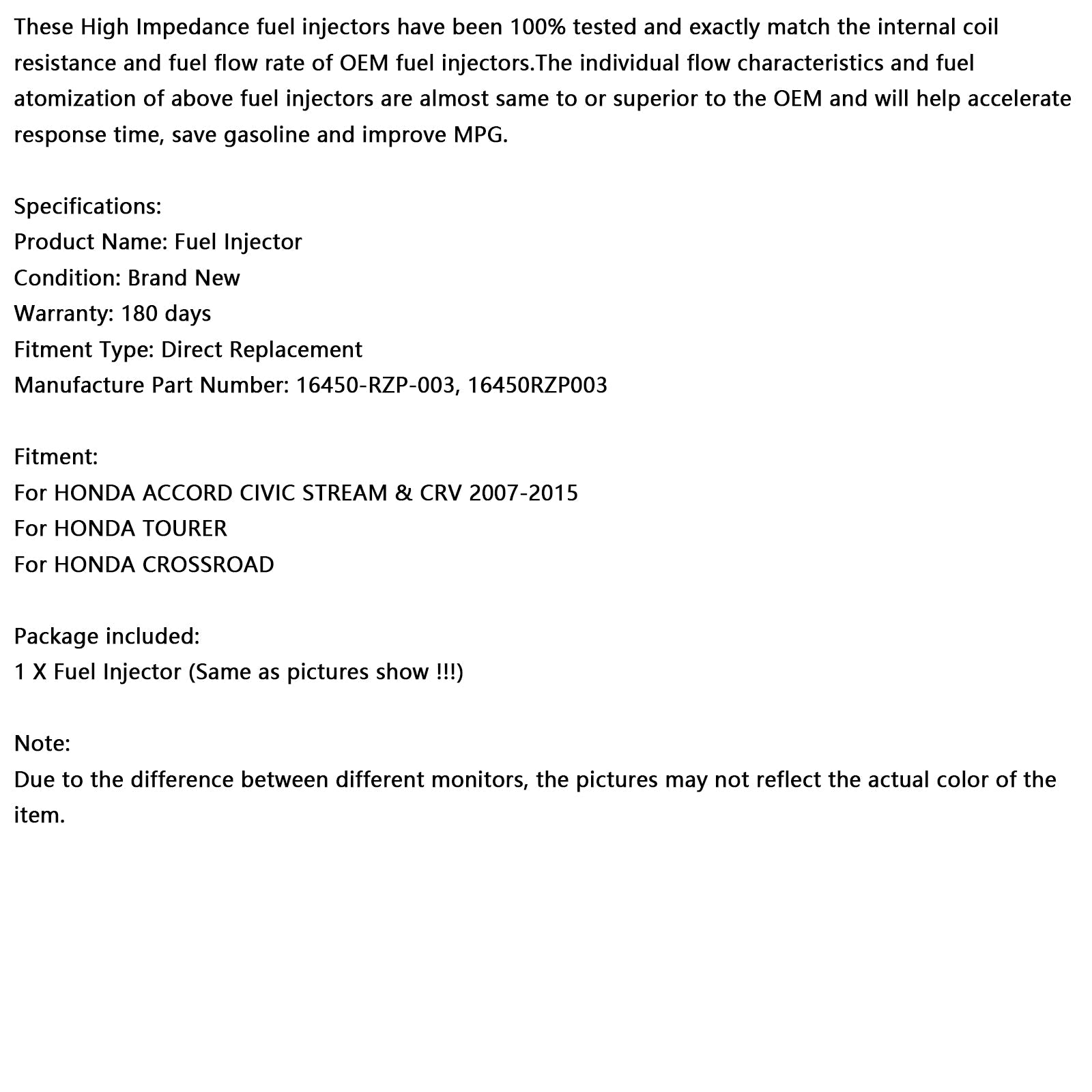 1PCS Fuel Injector 16450-RZP-003 Fit Honda Accord Civic Stream CRV Tourer 2.0L