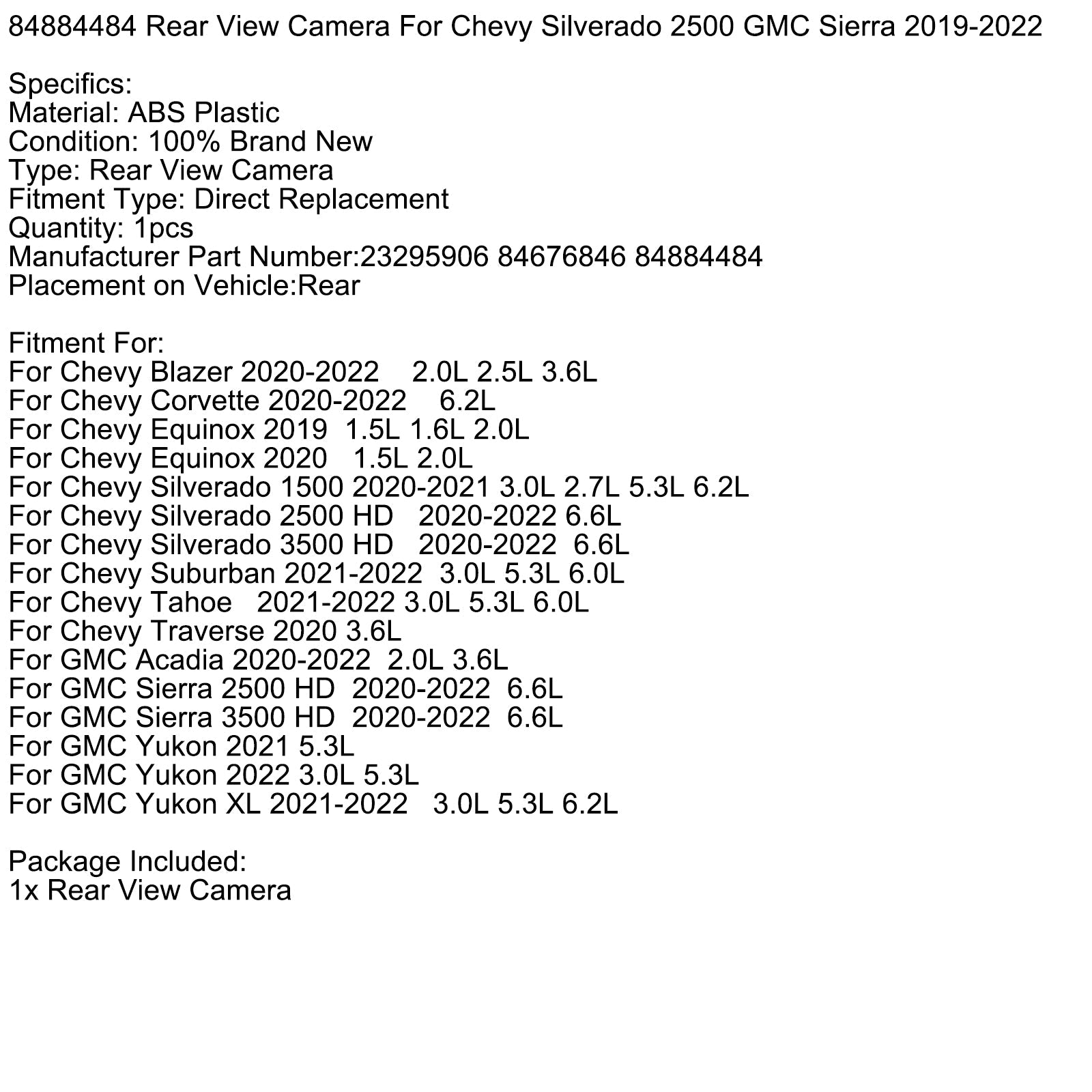 2021-2022 Chevy Suburban 3.0L 5.3L 6.0L Rear View Camera 84884484