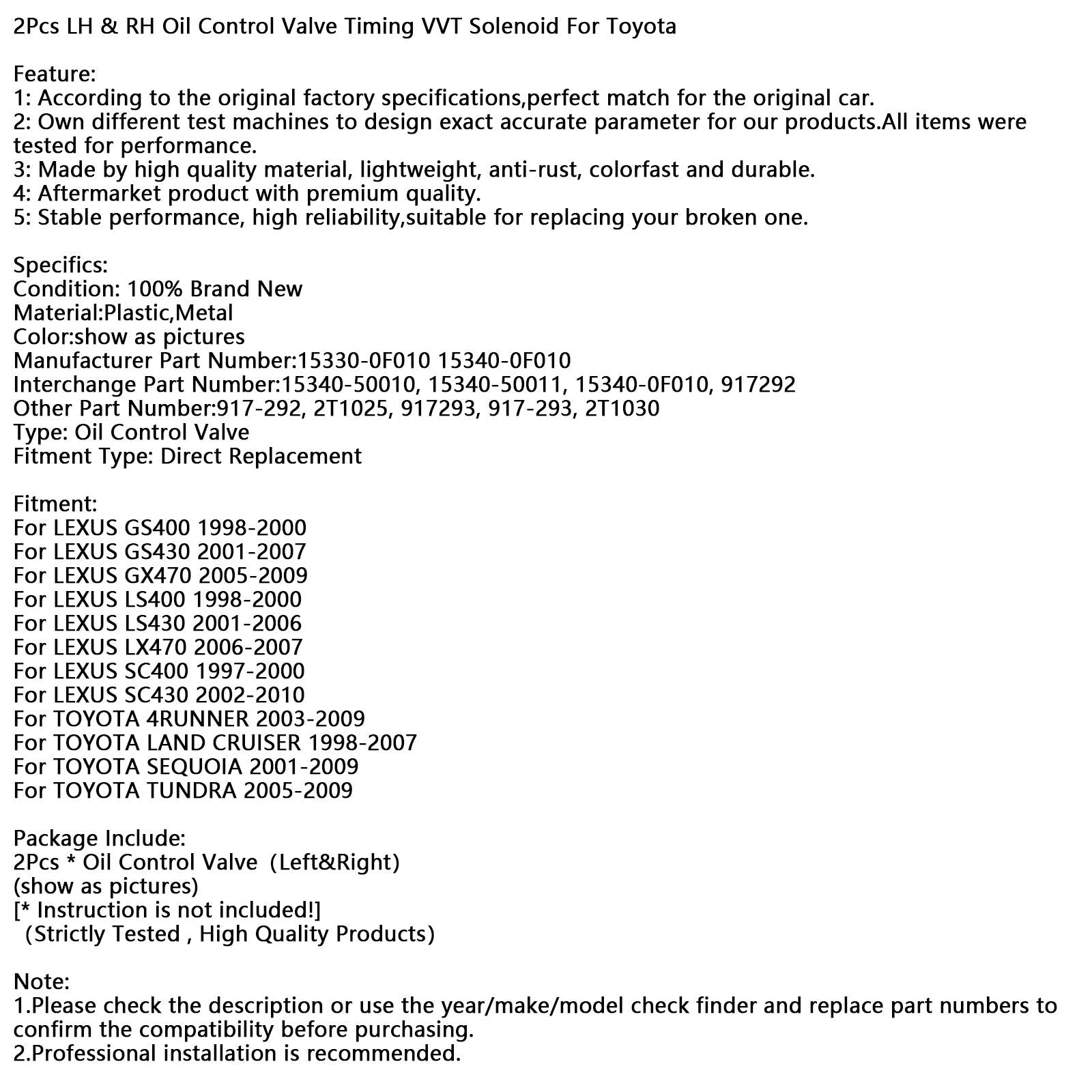 2Pcs LH & RH Oil Control Valve Timing VVT Solenoid For Toyota
