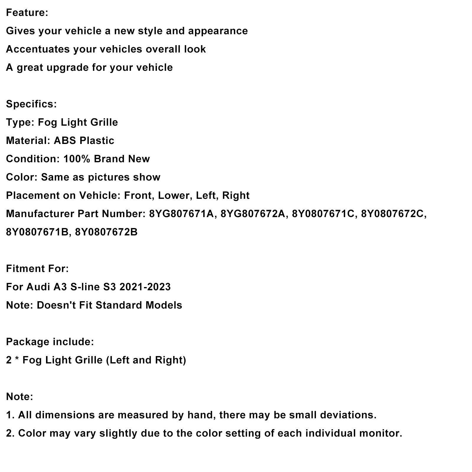 Black Front Honeycomb Fog Light Grille Cover Fit Audi A3 S-line 2021-2023