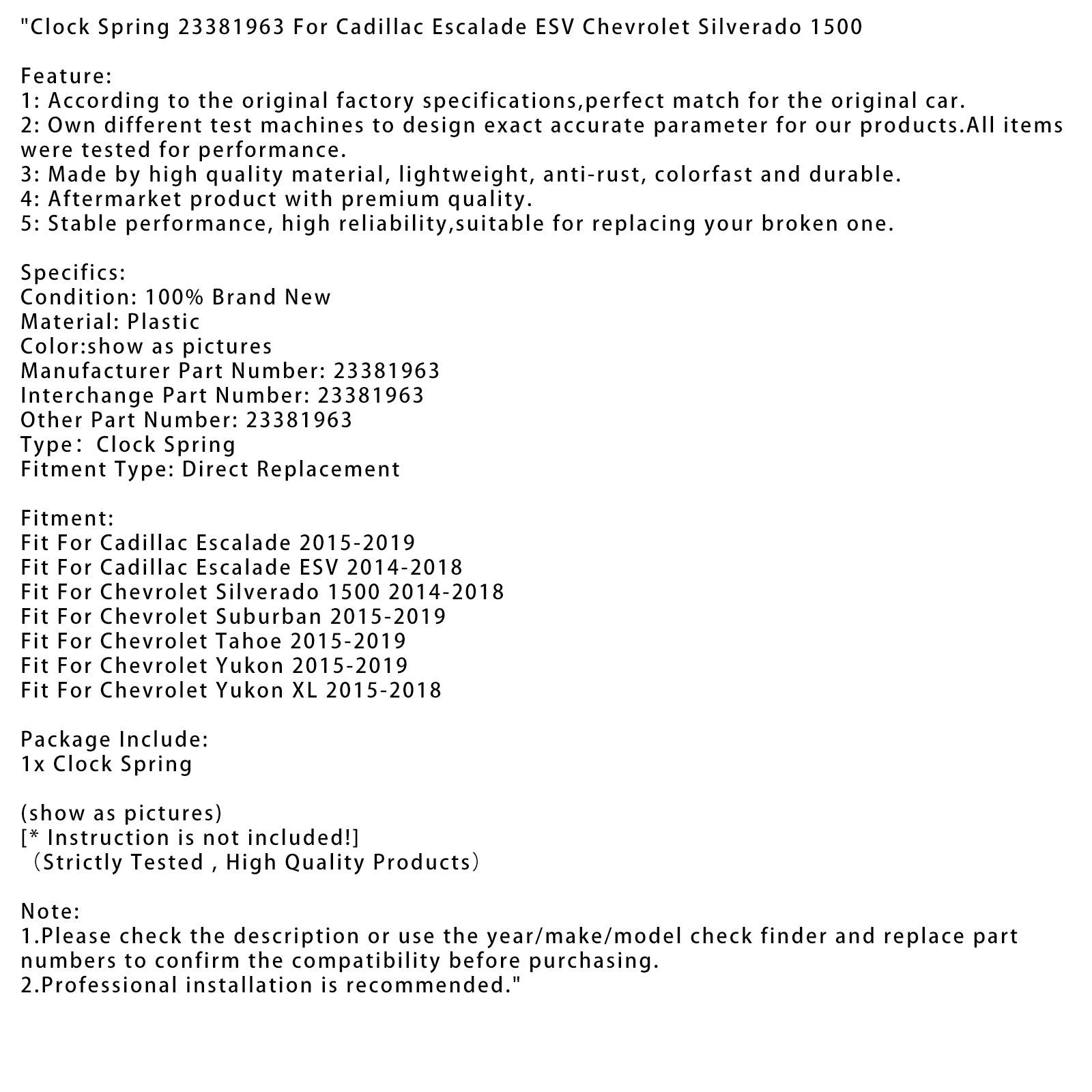 Clock Spring 23381963 For Cadillac Escalade ESV Chevrolet Silverado 1500