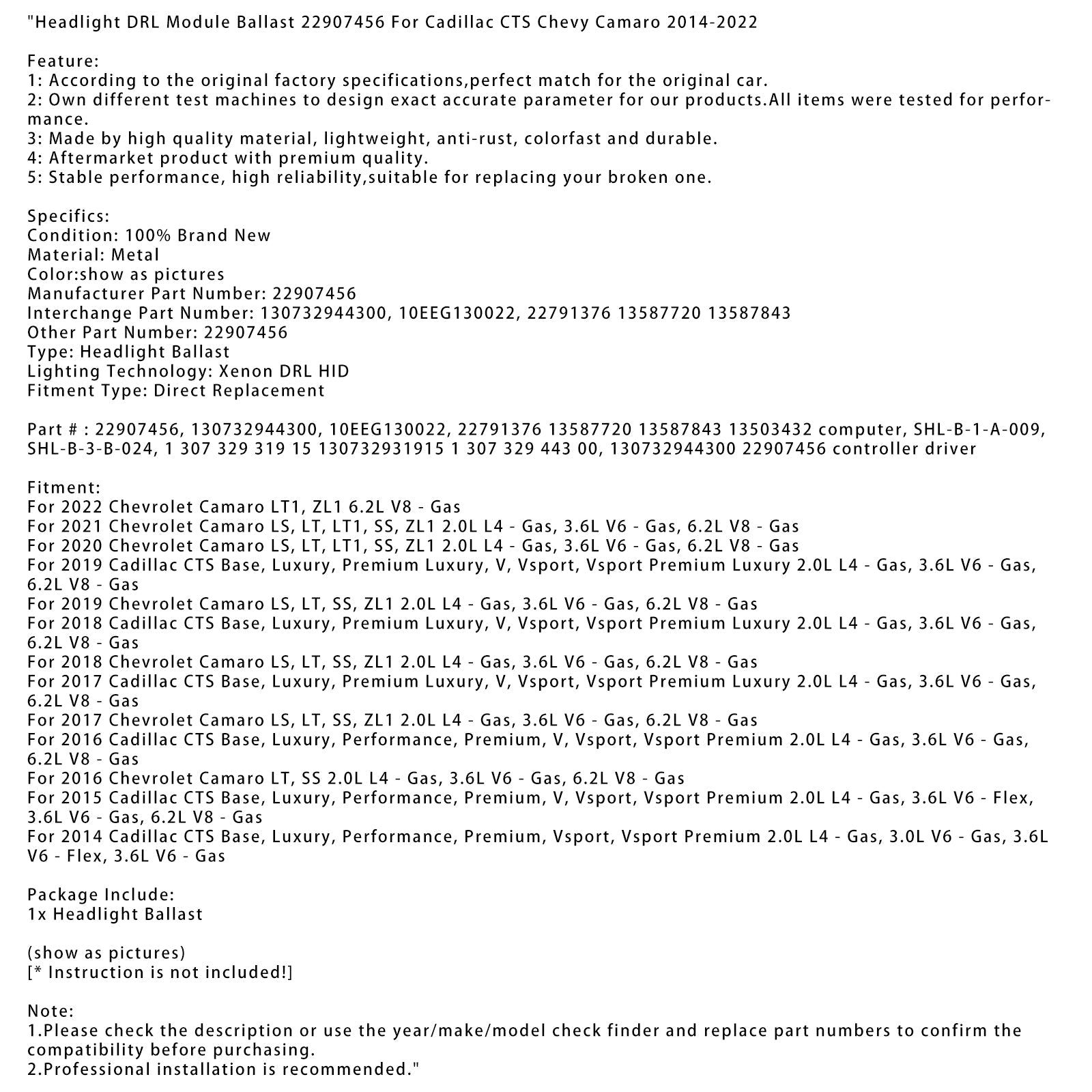 Headlight DRL Module Ballast 22907456 For Cadillac CTS Chevy Camaro 2014-2022