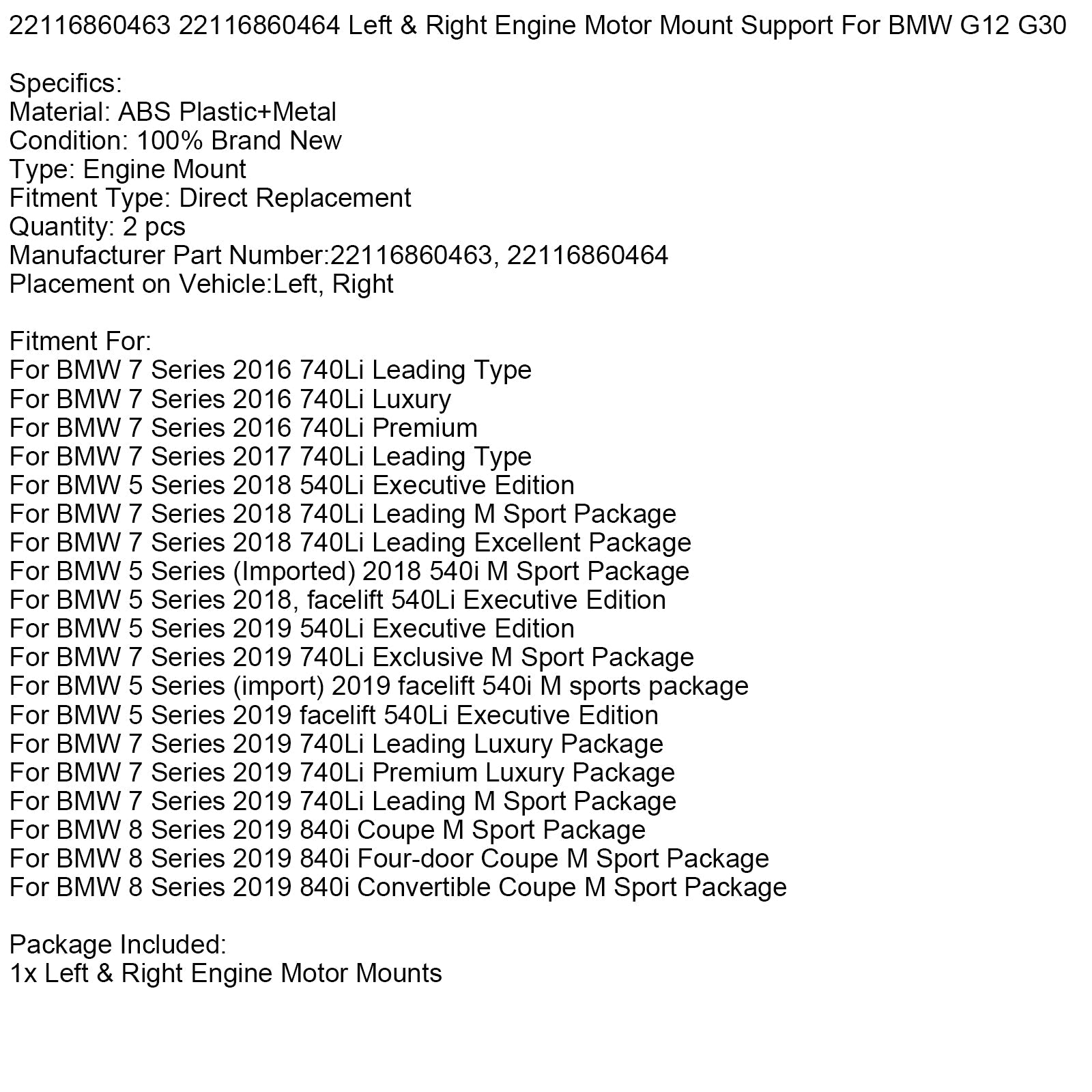 2019 BMW 8 Series 840i Four-door Coupe M Sport Package Left & Right Engine Motor Mount Support 22116860463 22116860464