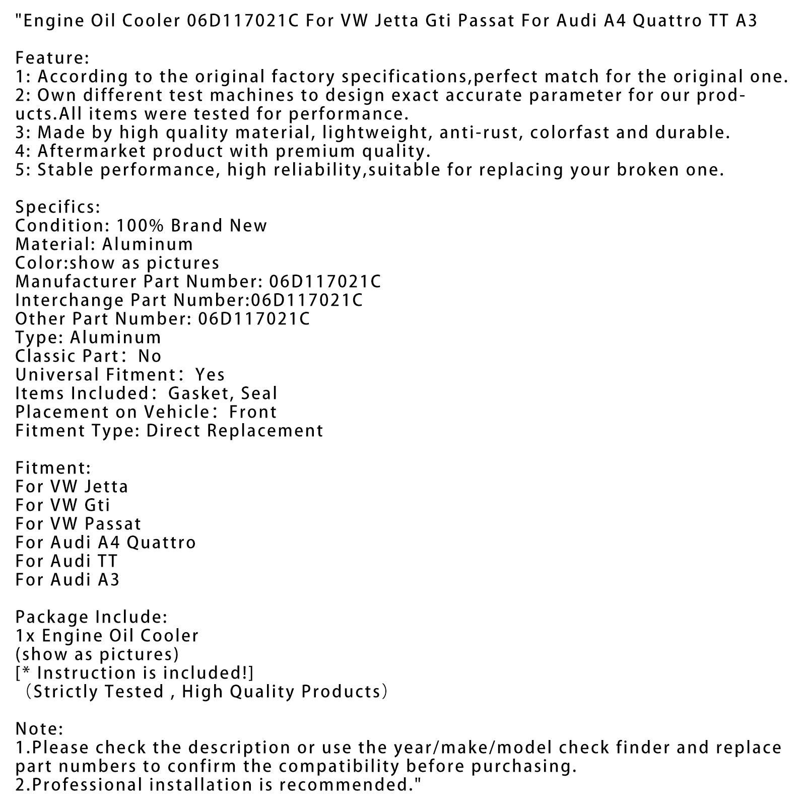 Engine Oil Cooler 06D117021C For VW Jetta Gti Passat For Audi A4 Quattro TT A3