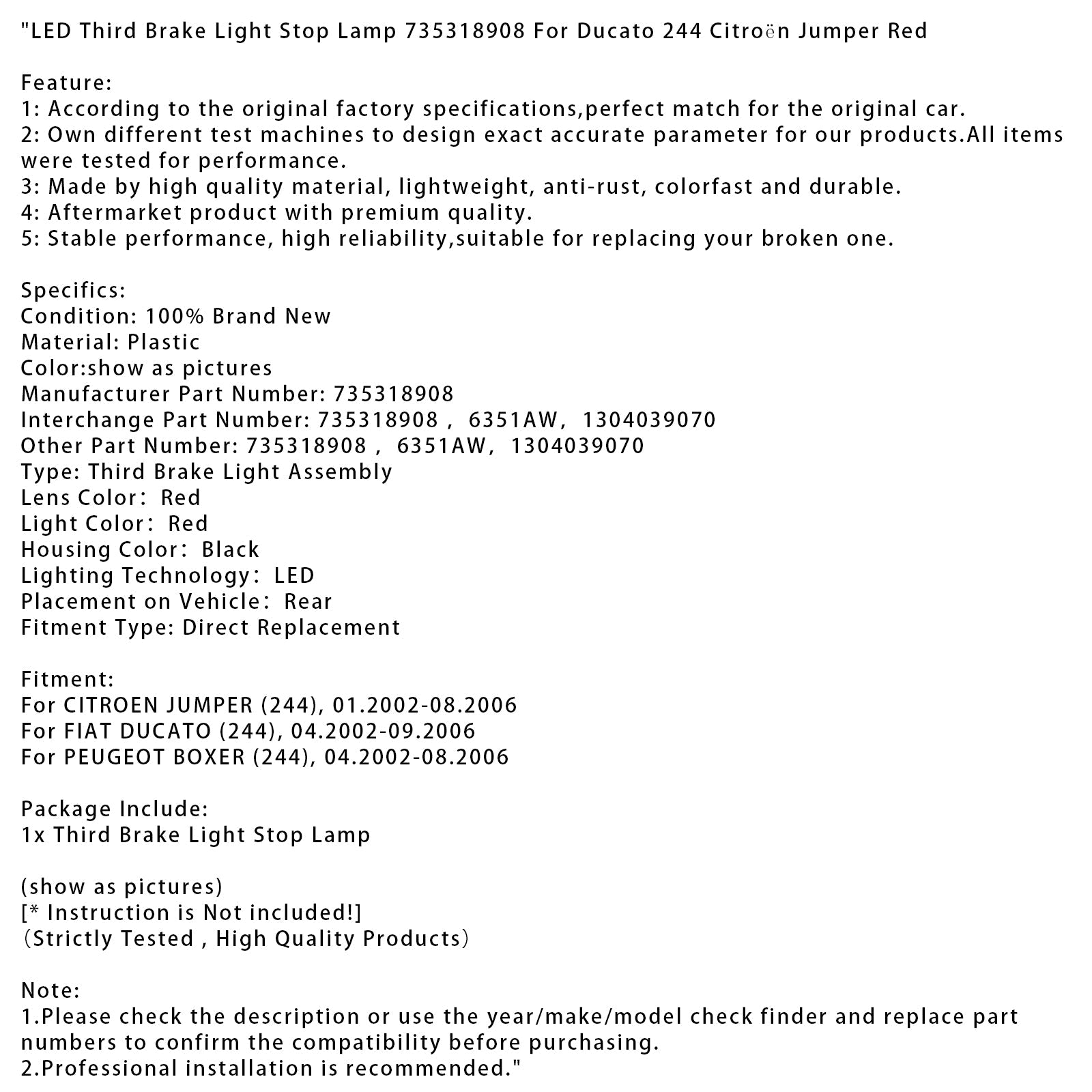 LED Third Brake Light Stop Lamp 735318908 For Ducato 244 Citro?n Jumper Red