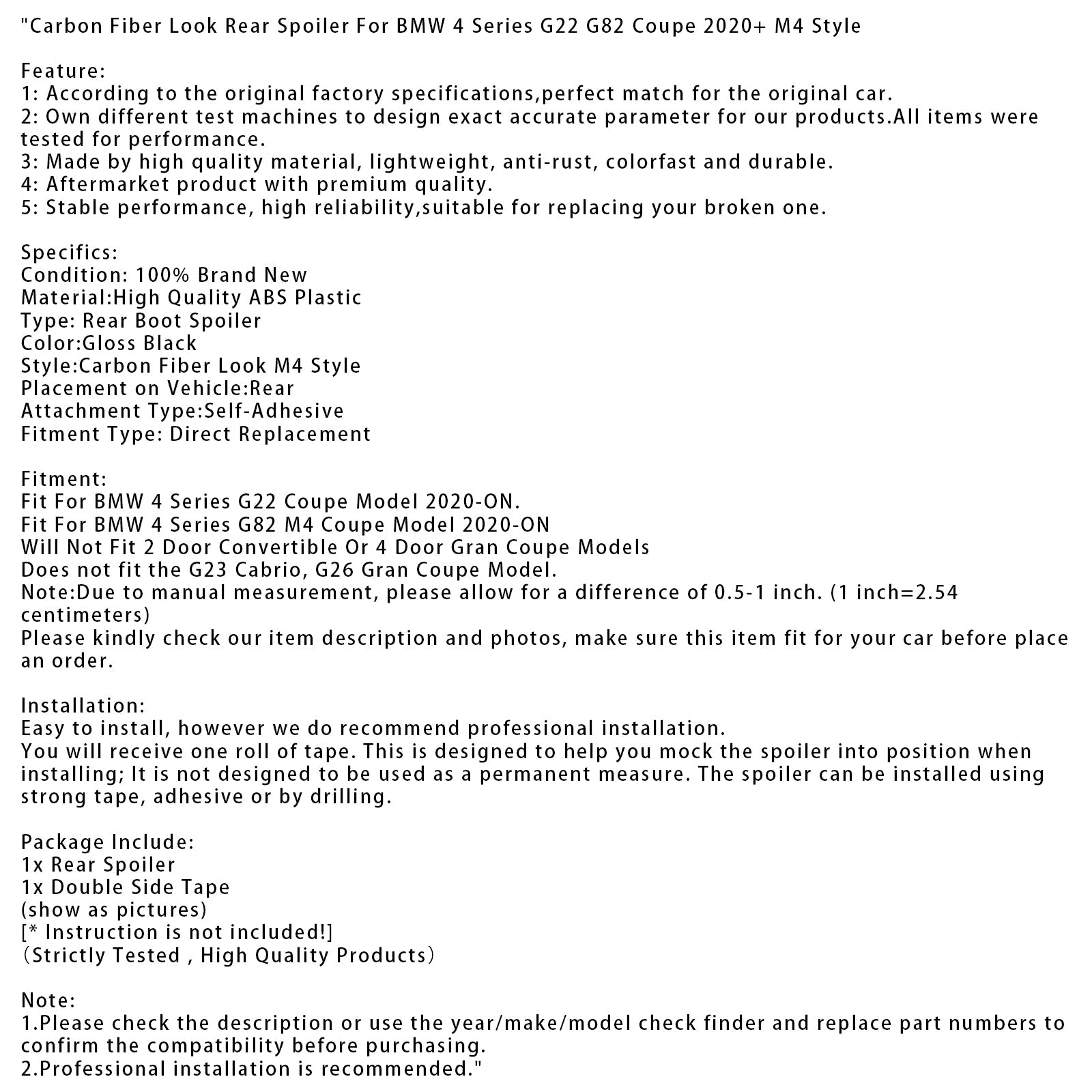 2020-ON BMW 4 Series G22 Coupe Model Carbon Fiber Look Rear Spoiler