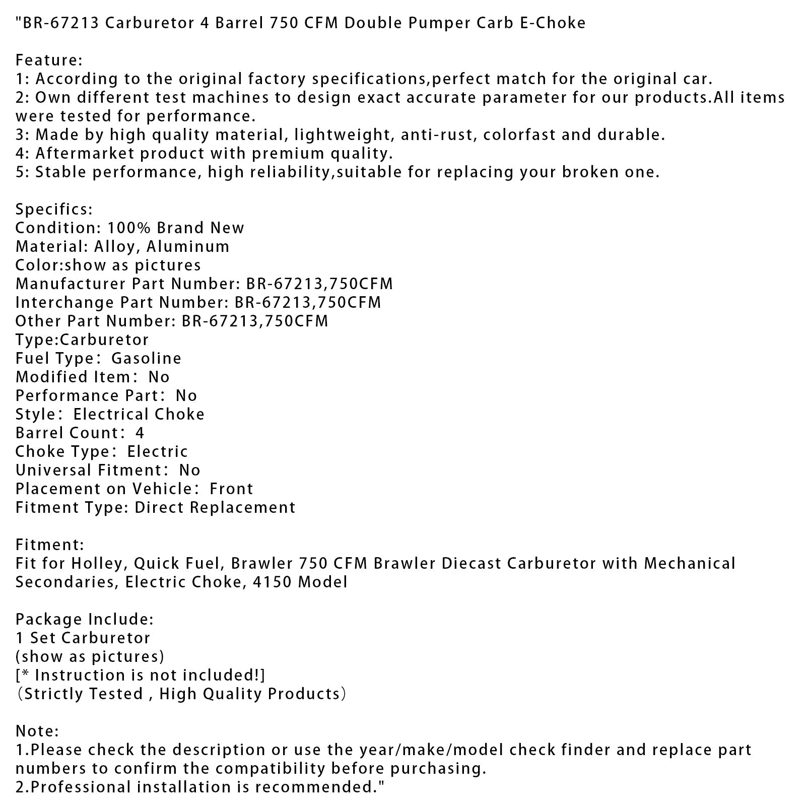 BR-67213 Carburetor 4 Barrel 750 CFM Double Pumper Carb E-Choke