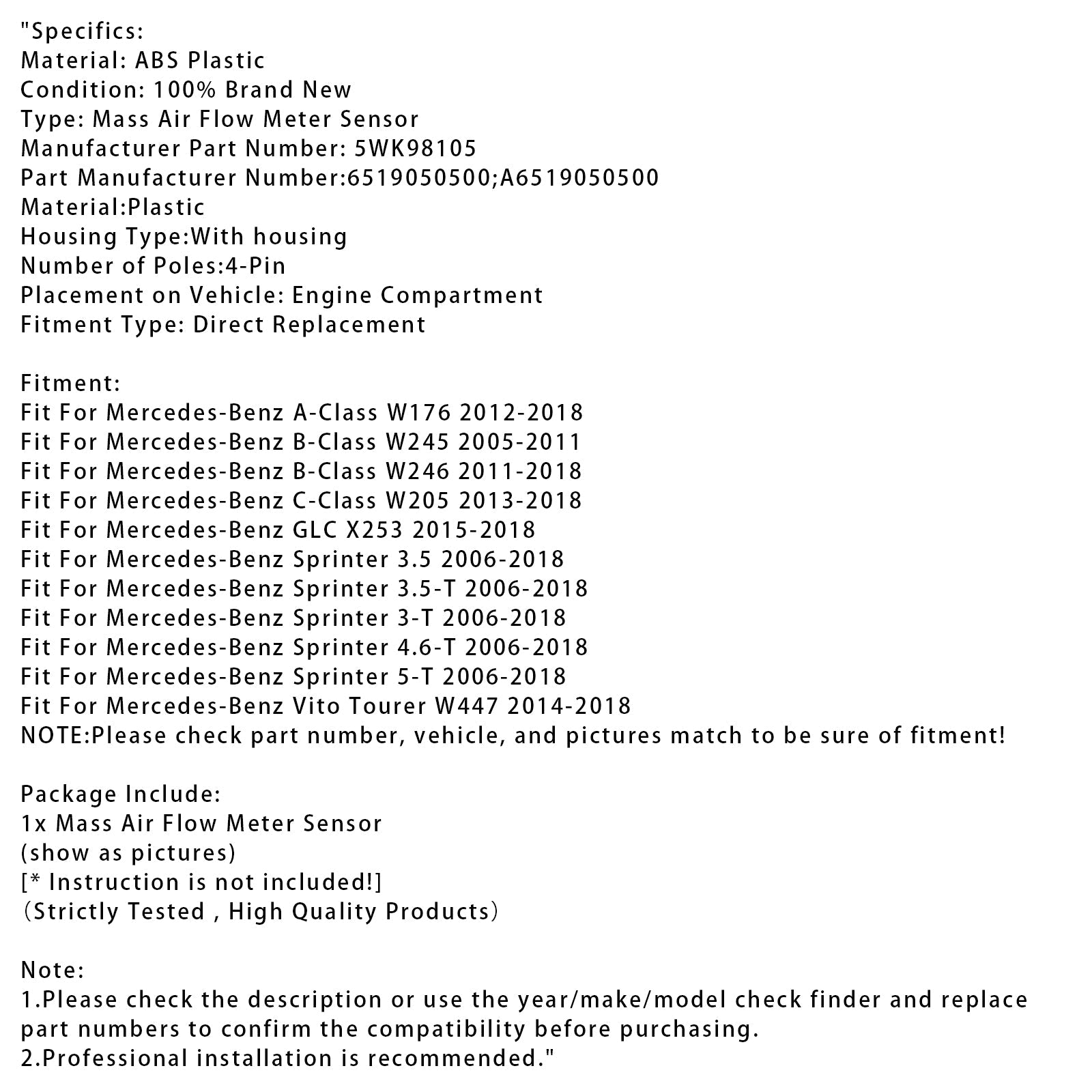 Mass Air Flow Meter Sensor For Mercedes W205 W176 GLC X253 CDI 5WK98105