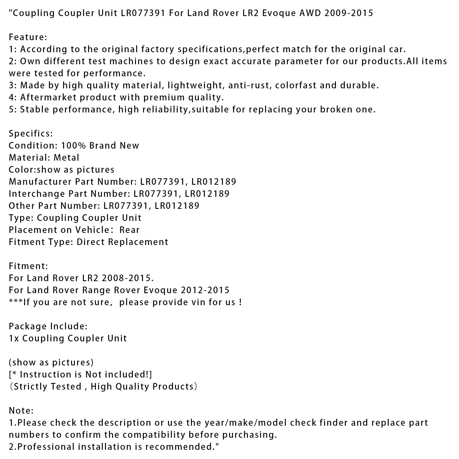 Coupling Coupler Unit LR077391 For Land Rover LR2 Evoque AWD 2009-2015