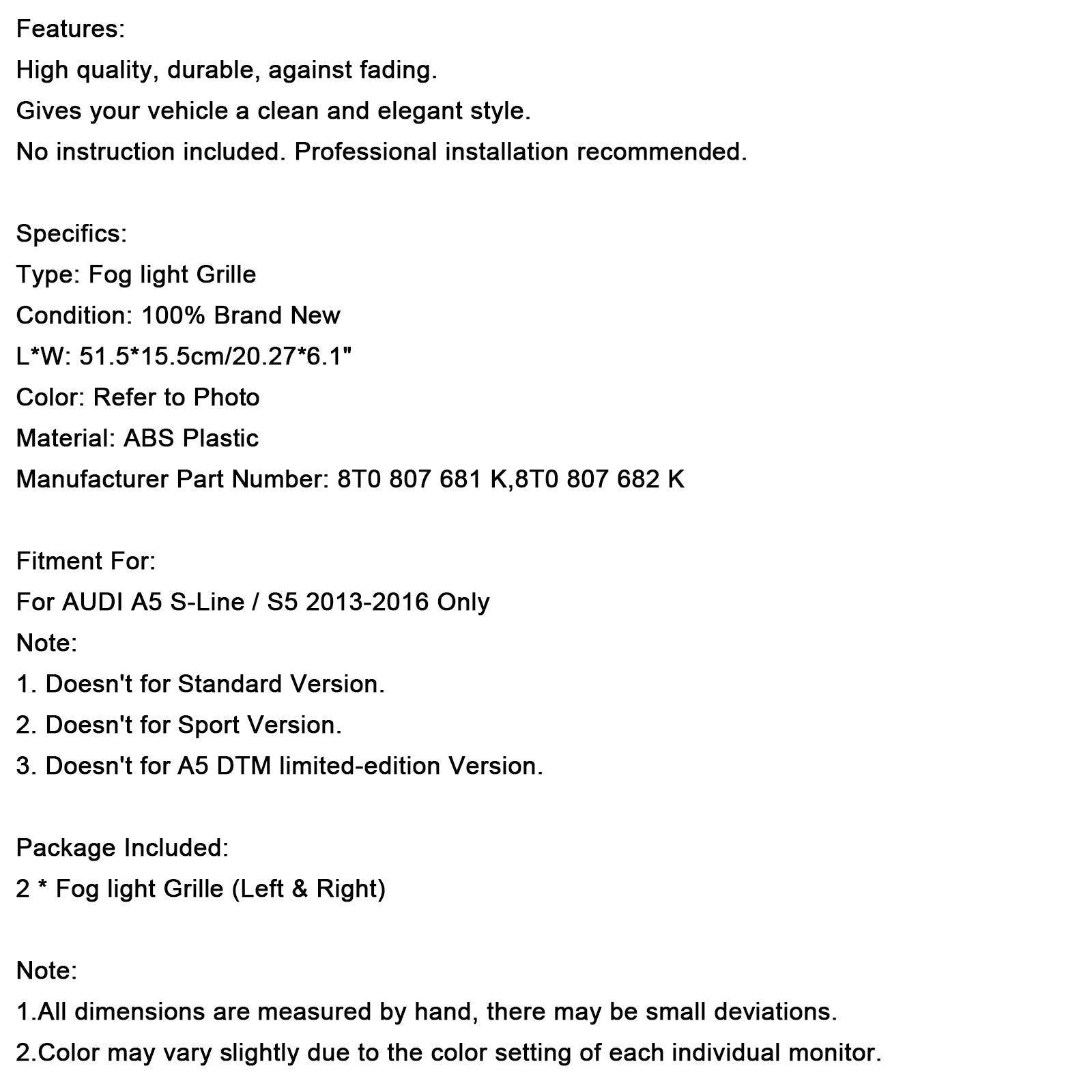 2013-2016 AUDI A5 S-Line S5 2PCS Front Fog Lamp Black Grille Grill