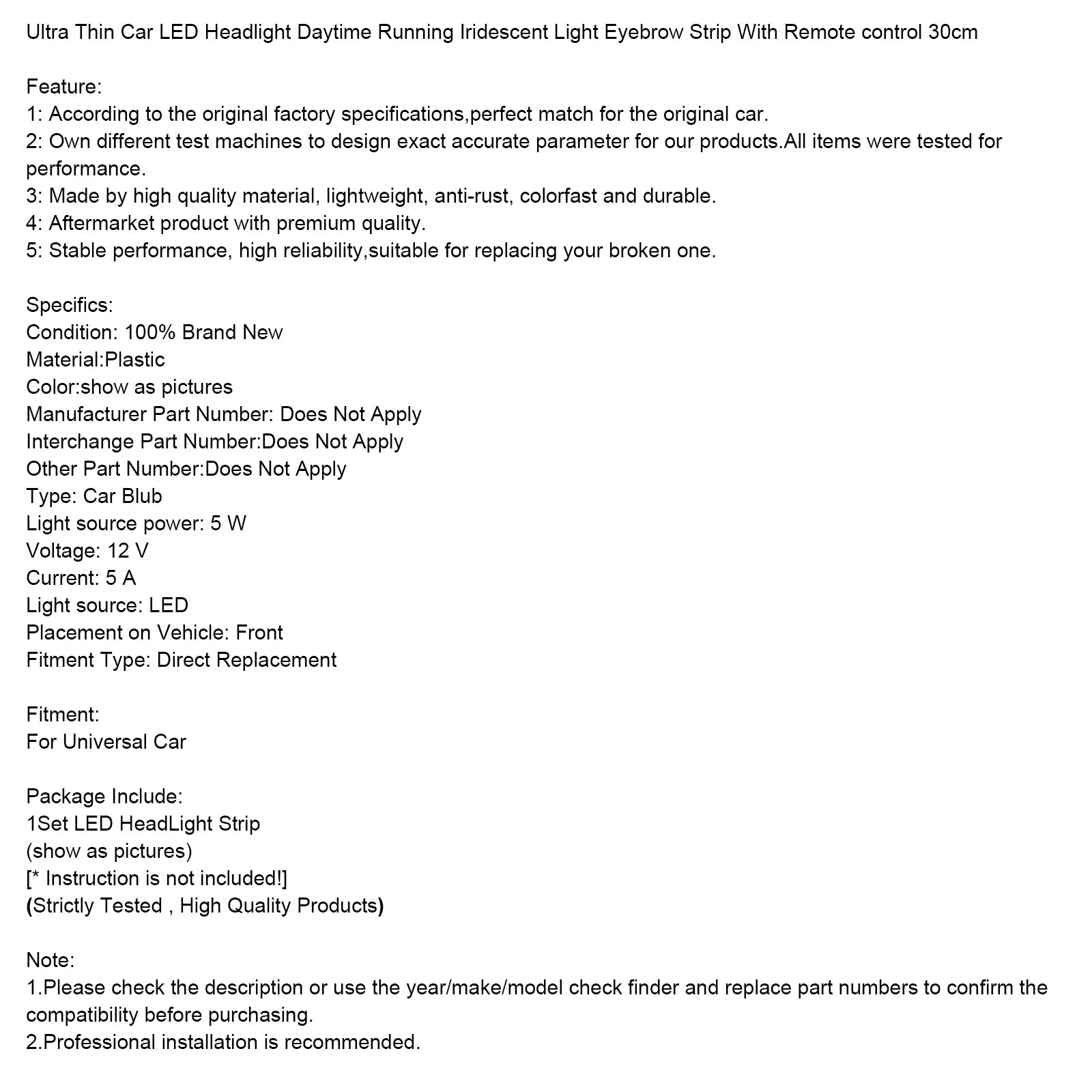 Ultra Thin Car LED Headlight Daytime Running Iridescent Light Eyebrow Strip With Remote control 30cm