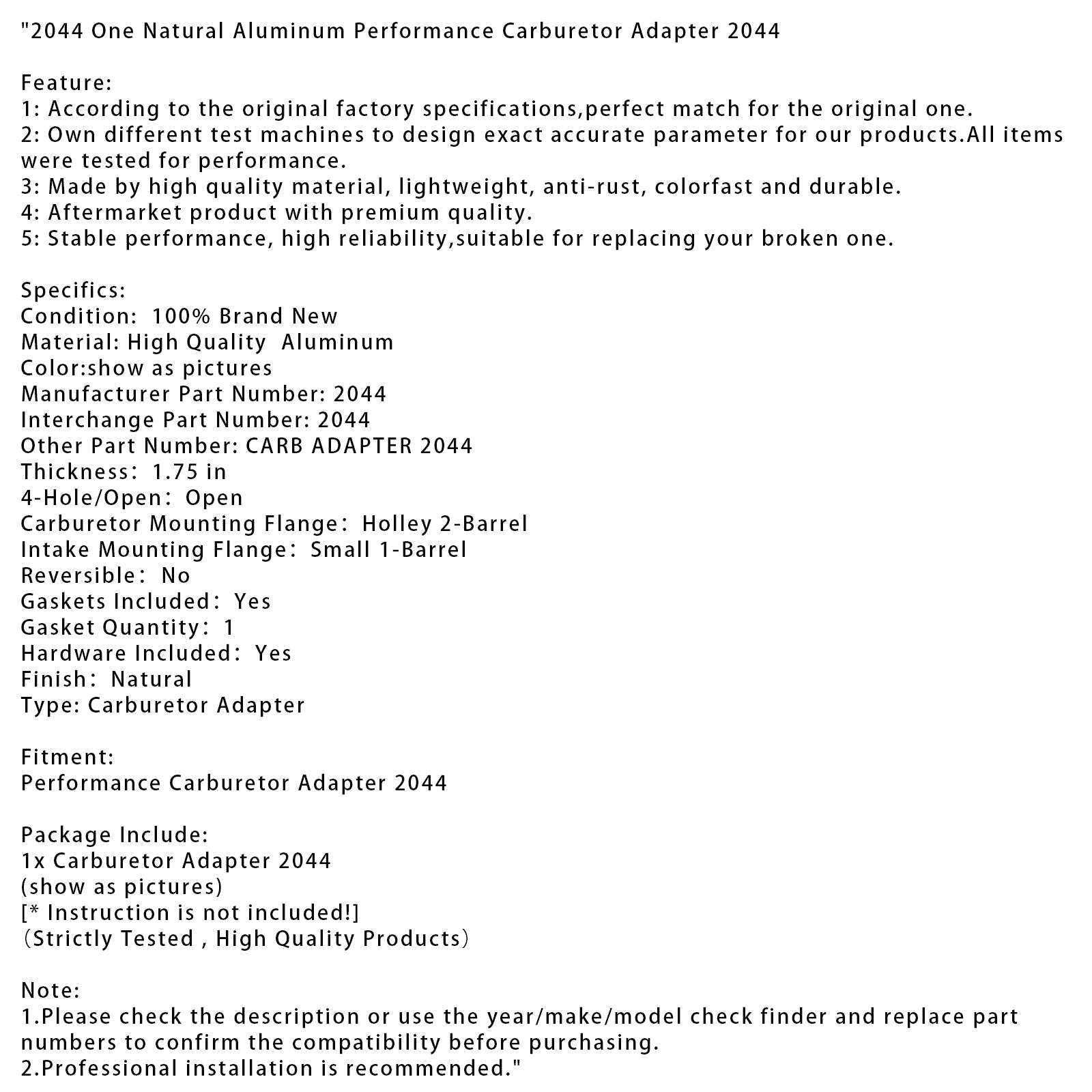 2044 One Natural Aluminum Performance Carburetor Adapter 2044