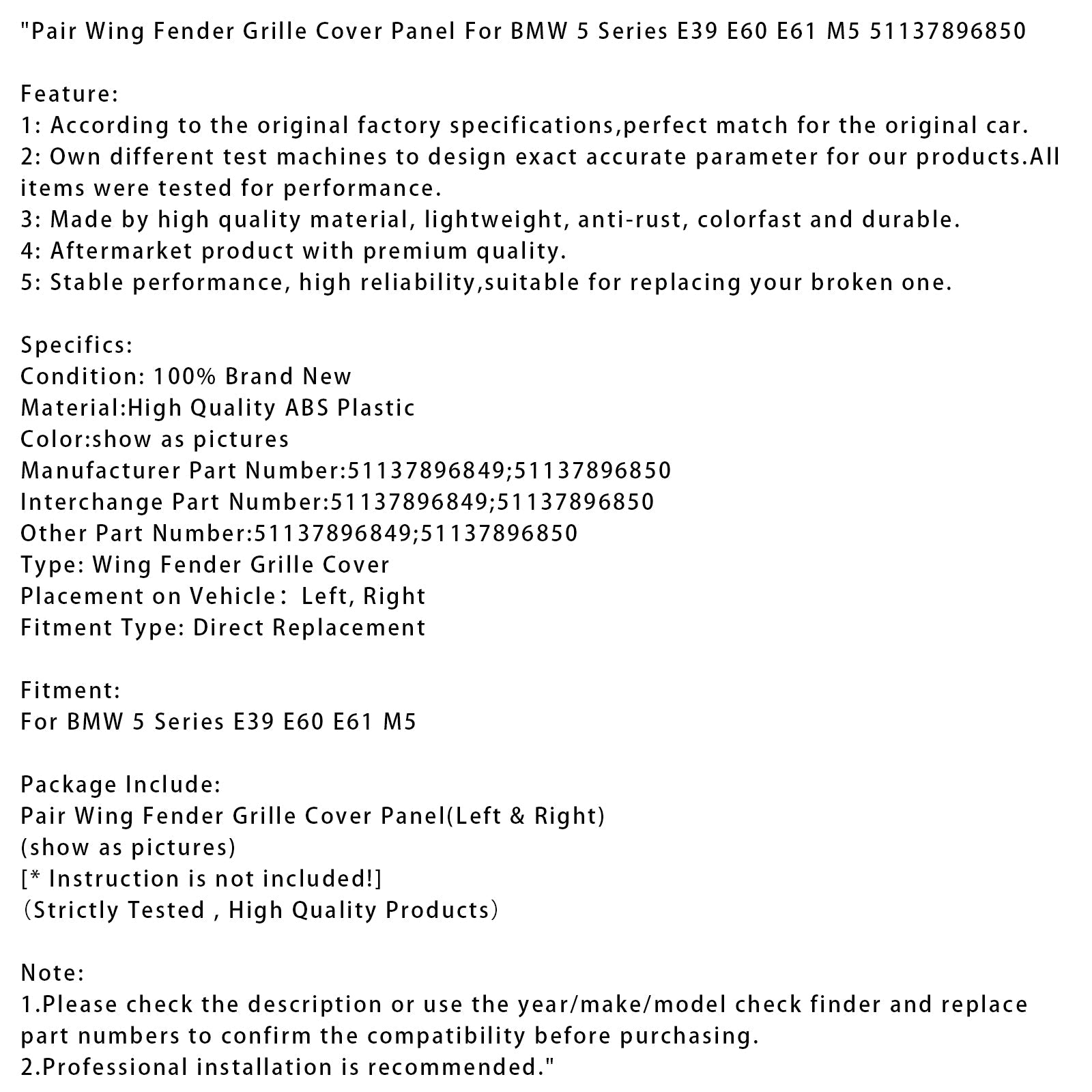 Pair Wing Fender Grille Cover Panel For BMW 5 Series E39 E60 E61 M5 51137896850