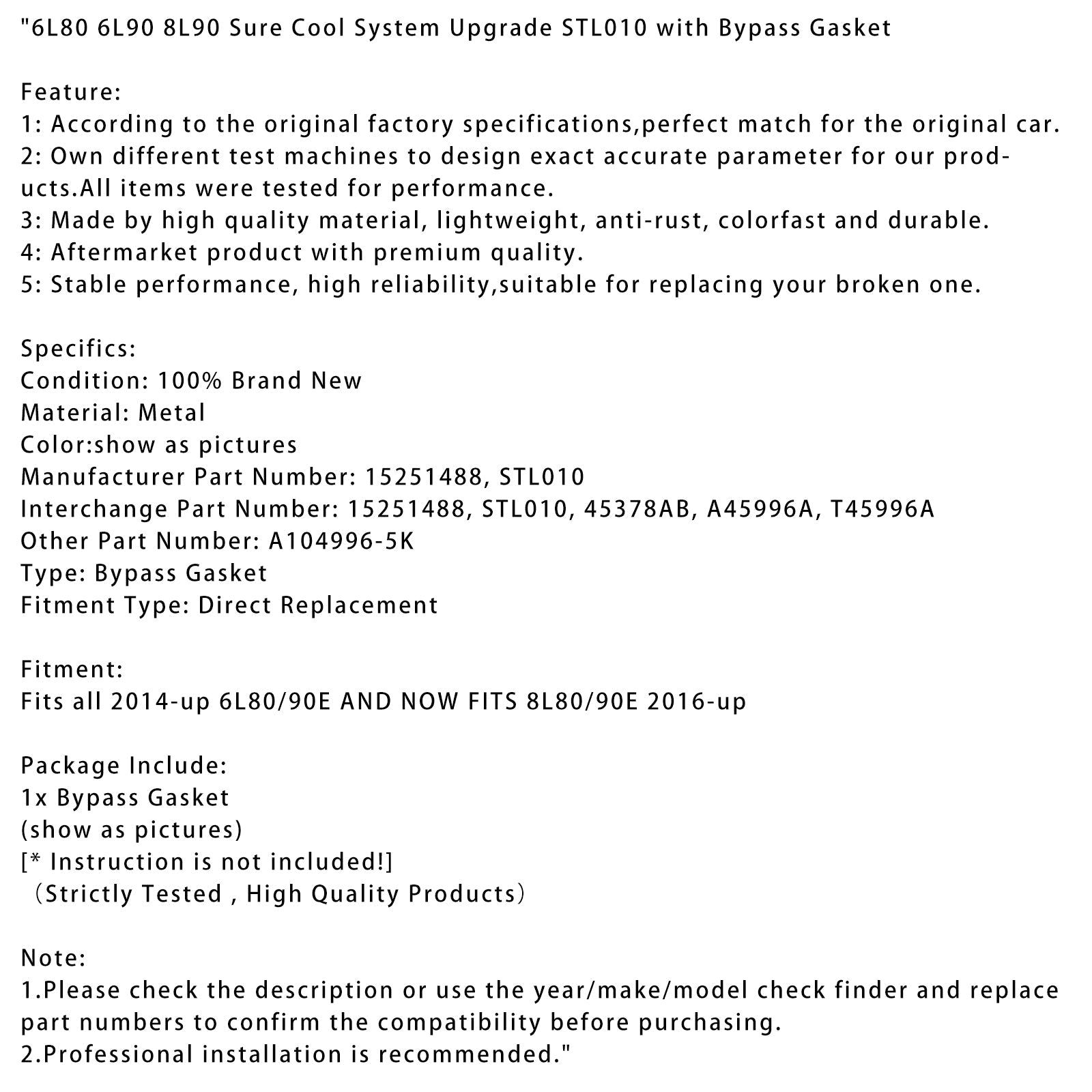 6L80 6L90 8L90 Sure Cool System Upgrade STL010 with Bypass Gasket