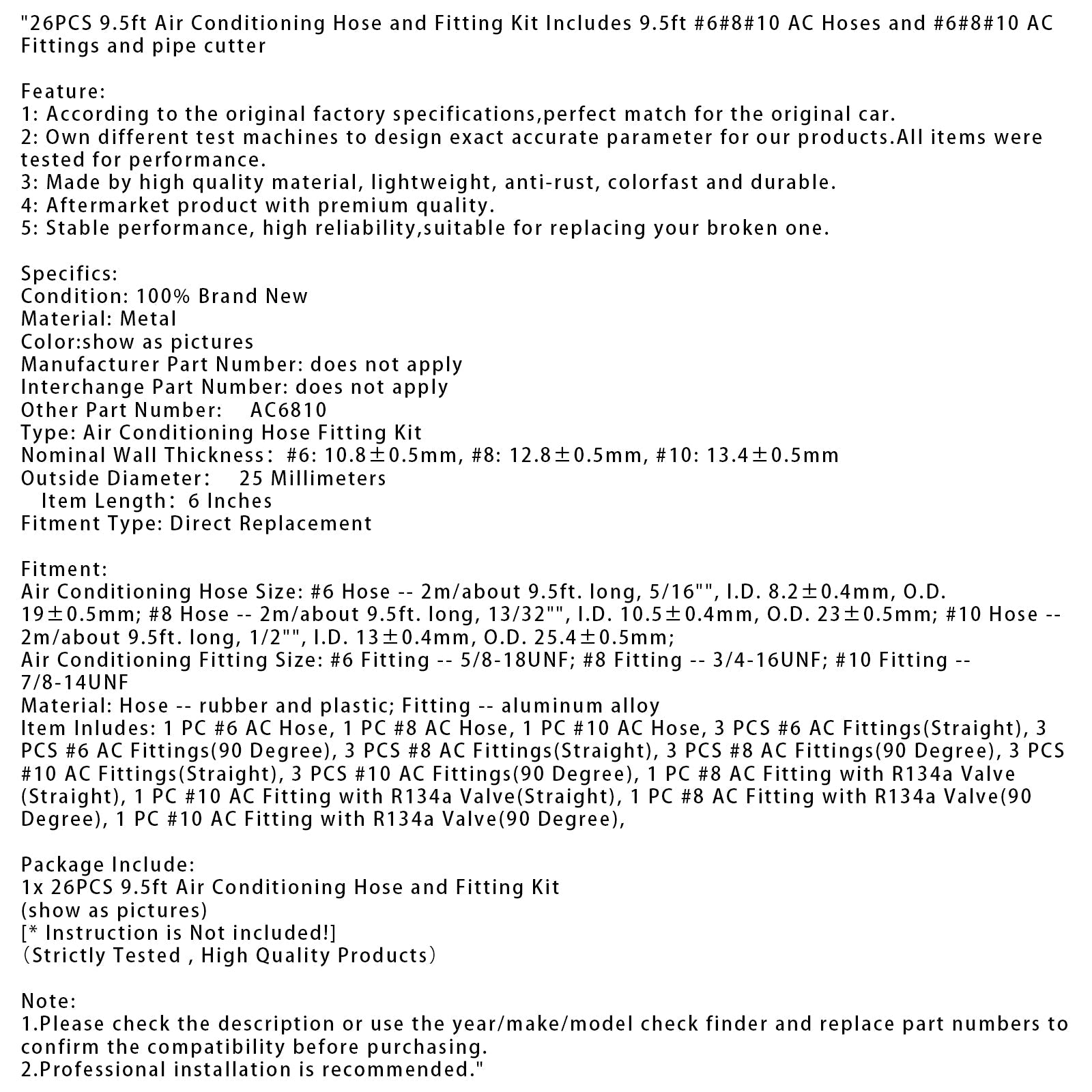 26PCS 9.5ft Air Conditioning Hose and Fitting Kit Includes 9.5ft #6#8#10 AC Hose