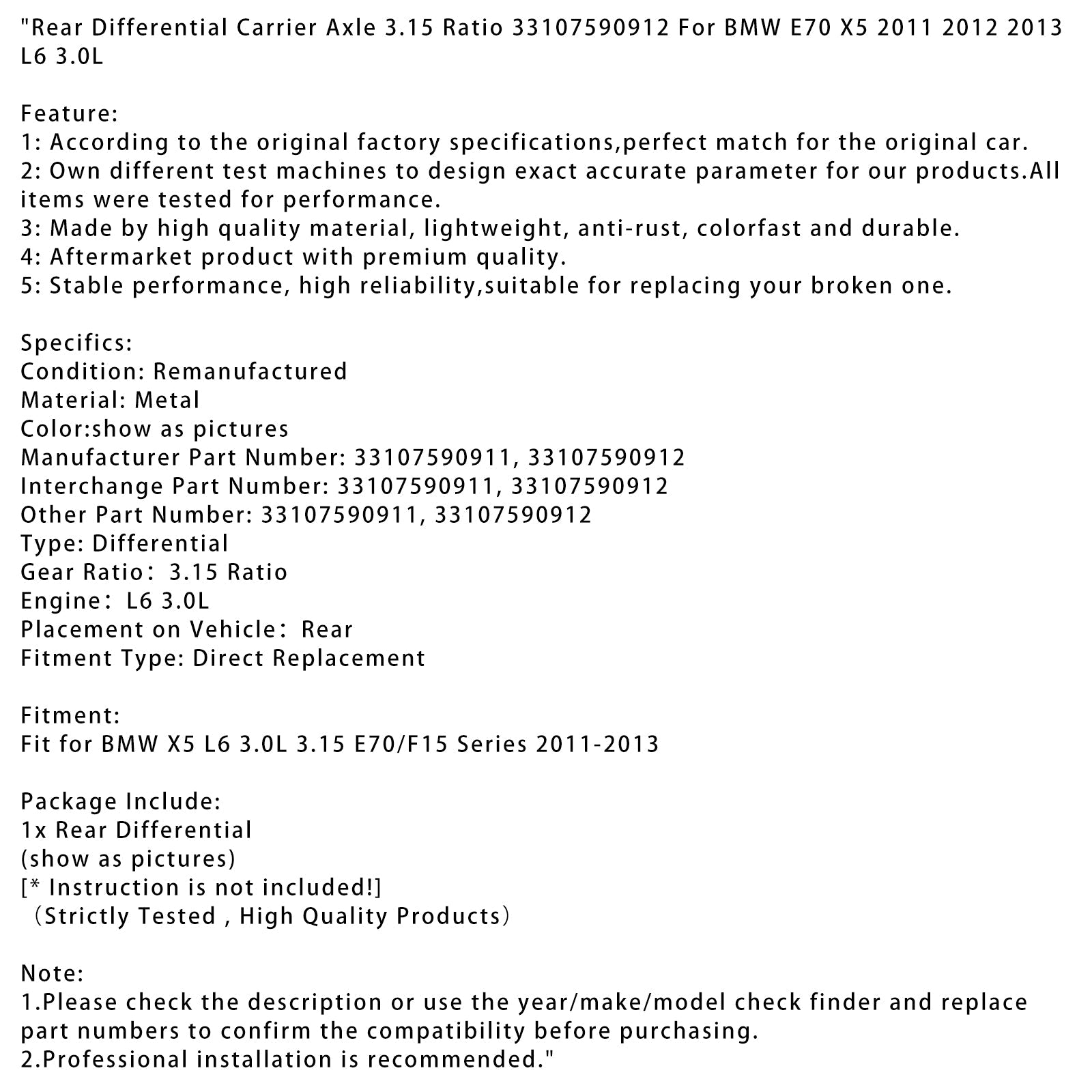 Rear Differential Carrier Axle 3.15 Ratio For BMW E70 X5 2011 2012 2013 L6 3.0L