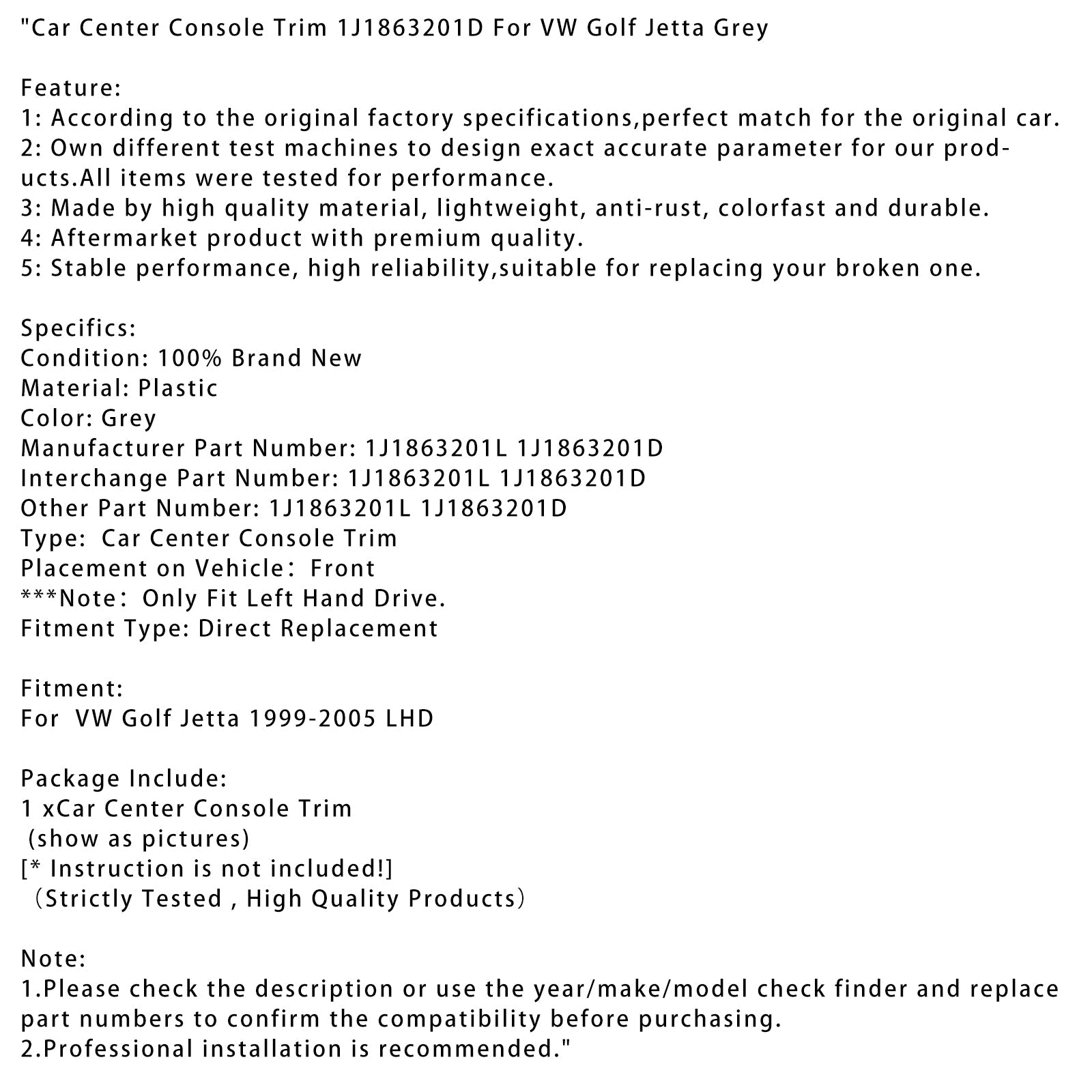 1999-2005 VW Golf Jetta Car Center Console Trim 1J1863201D Grey