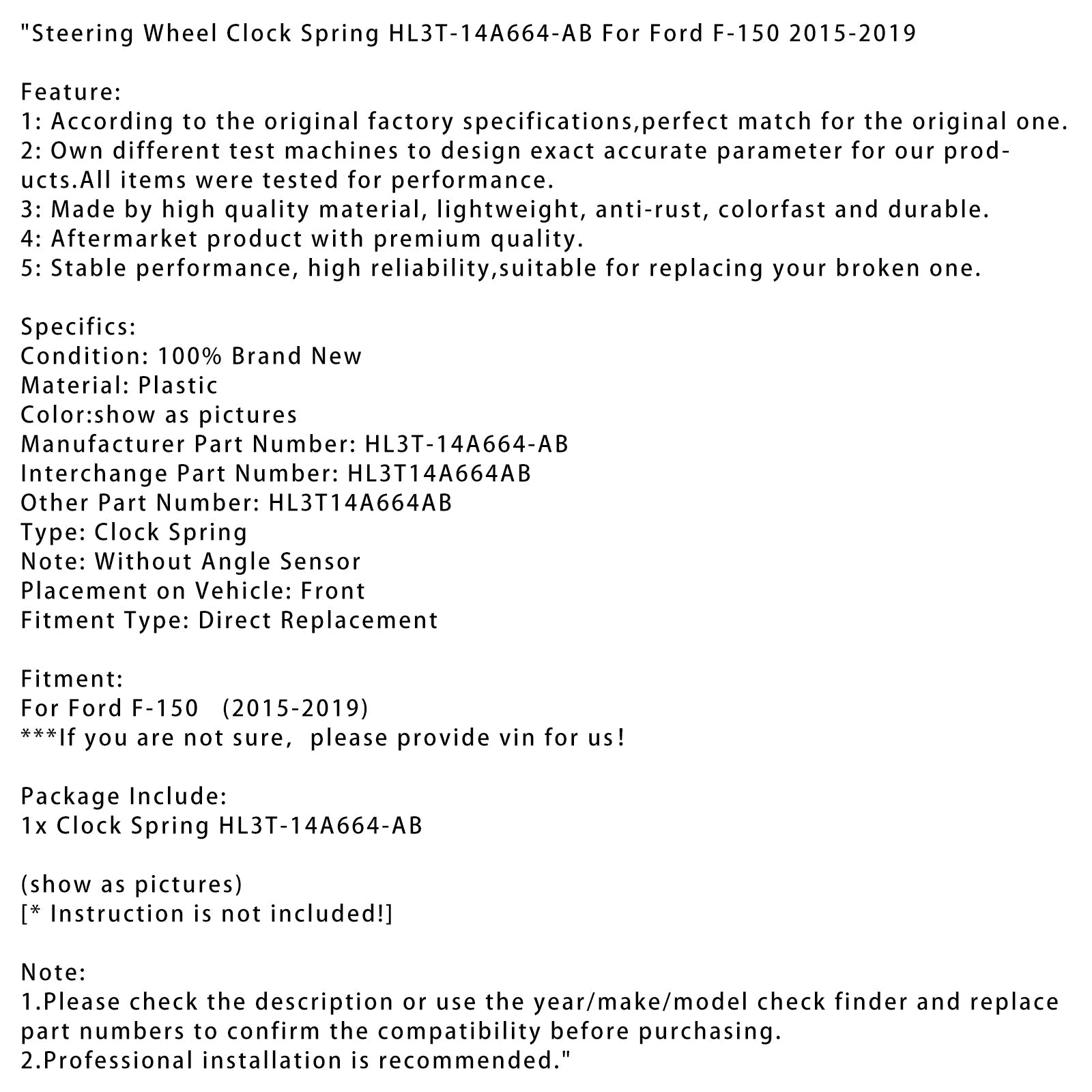 스티어링 휠 시계 스프링 HL3T-14A664-AB 포드 F-150 2015-2019 용