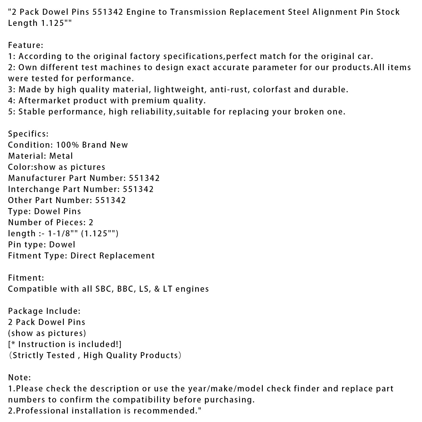 2 Pack Dowel Pins 551342 Engine to Transmission Replacement Steel Alignment Pins