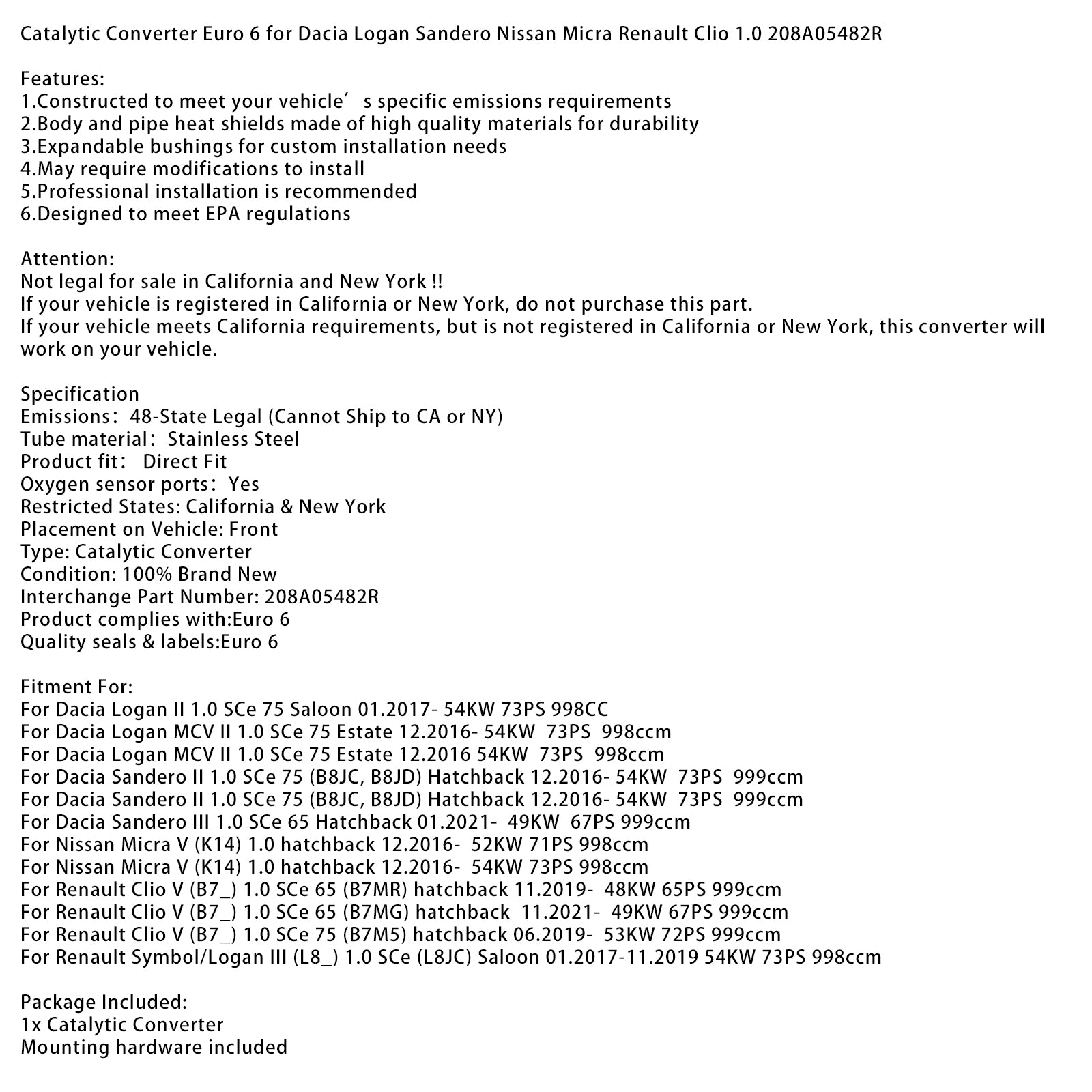 Catalytic Converter 208A05482R for Dacia Logan Sandero Renault Clio 1.0