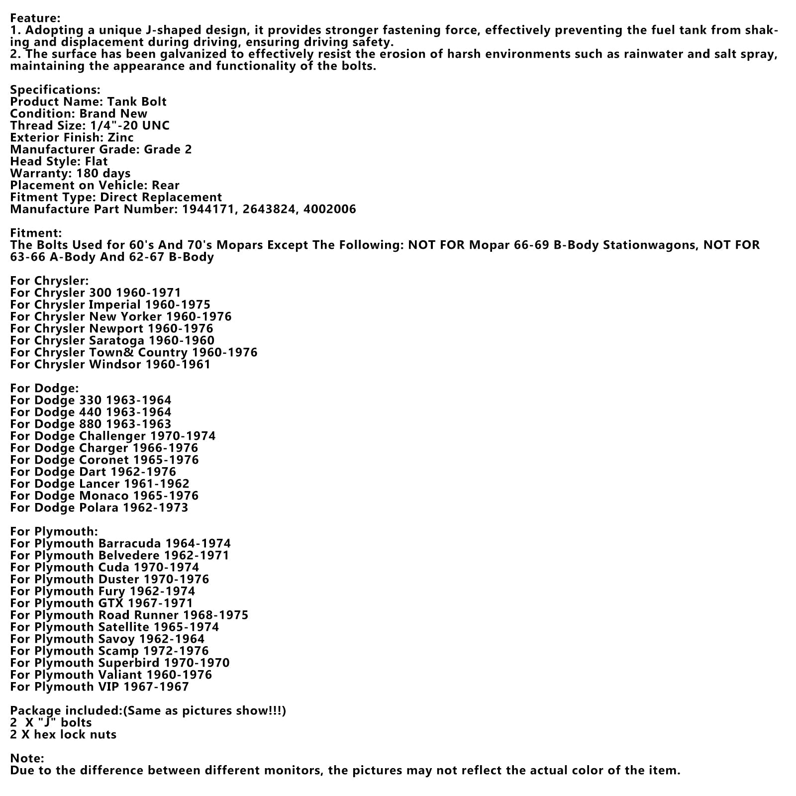 Gas Fuel Tank Strap Bolts J-Bolts Fit 68 69 70 71 72 A-Body B-Body C-Body