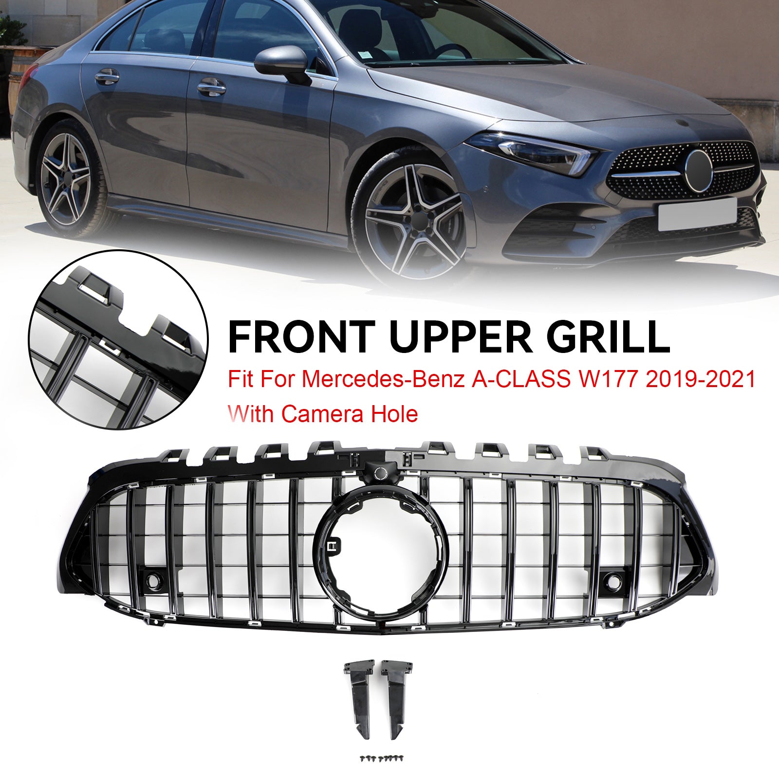 GT Style Front Bumper Grille Fit Mercedes Benz A-Class W177 2019-2023 Black