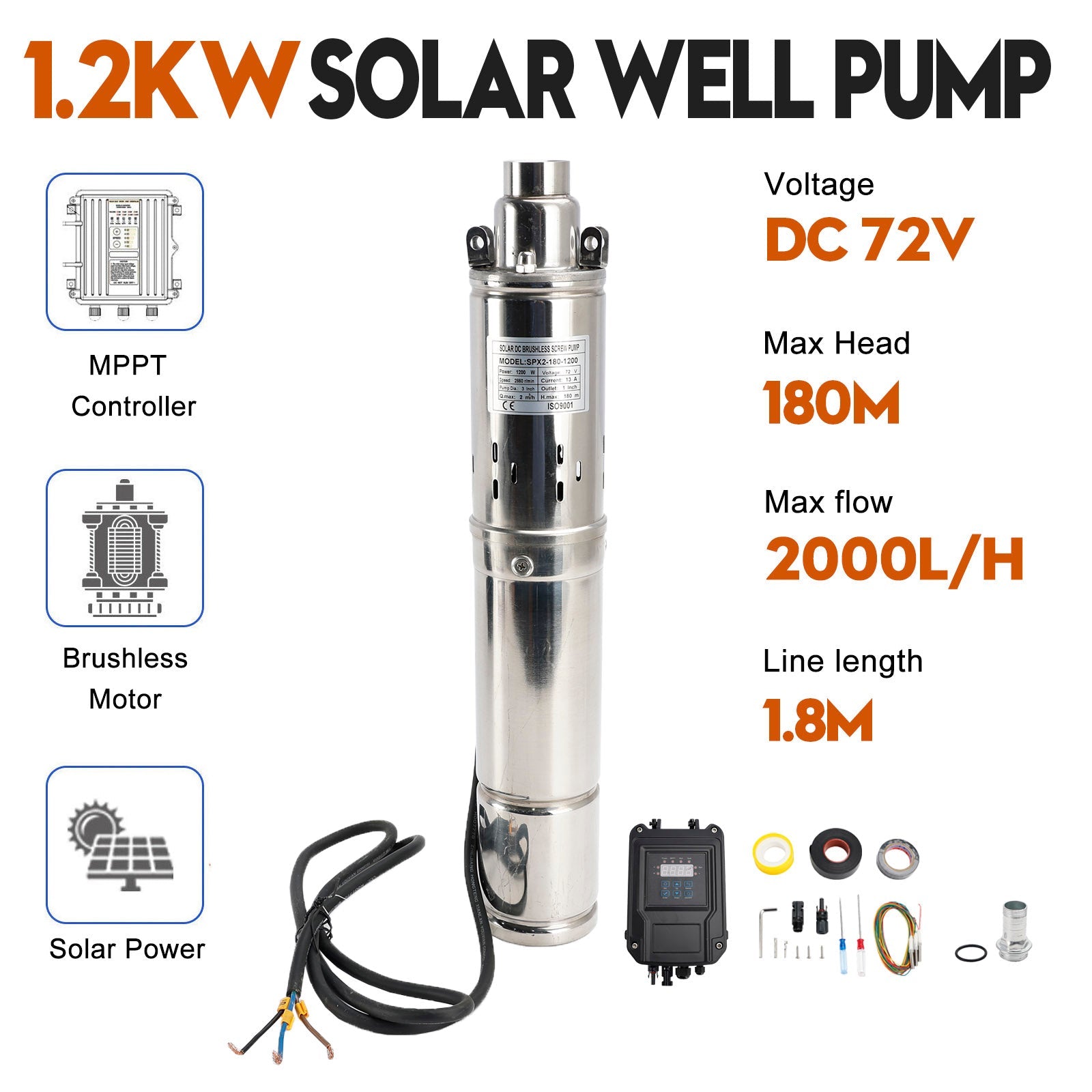 3" 72V 1.2KW MPPT Screw Solar Bore Pump Submersible Deep Well Hole Head 180M