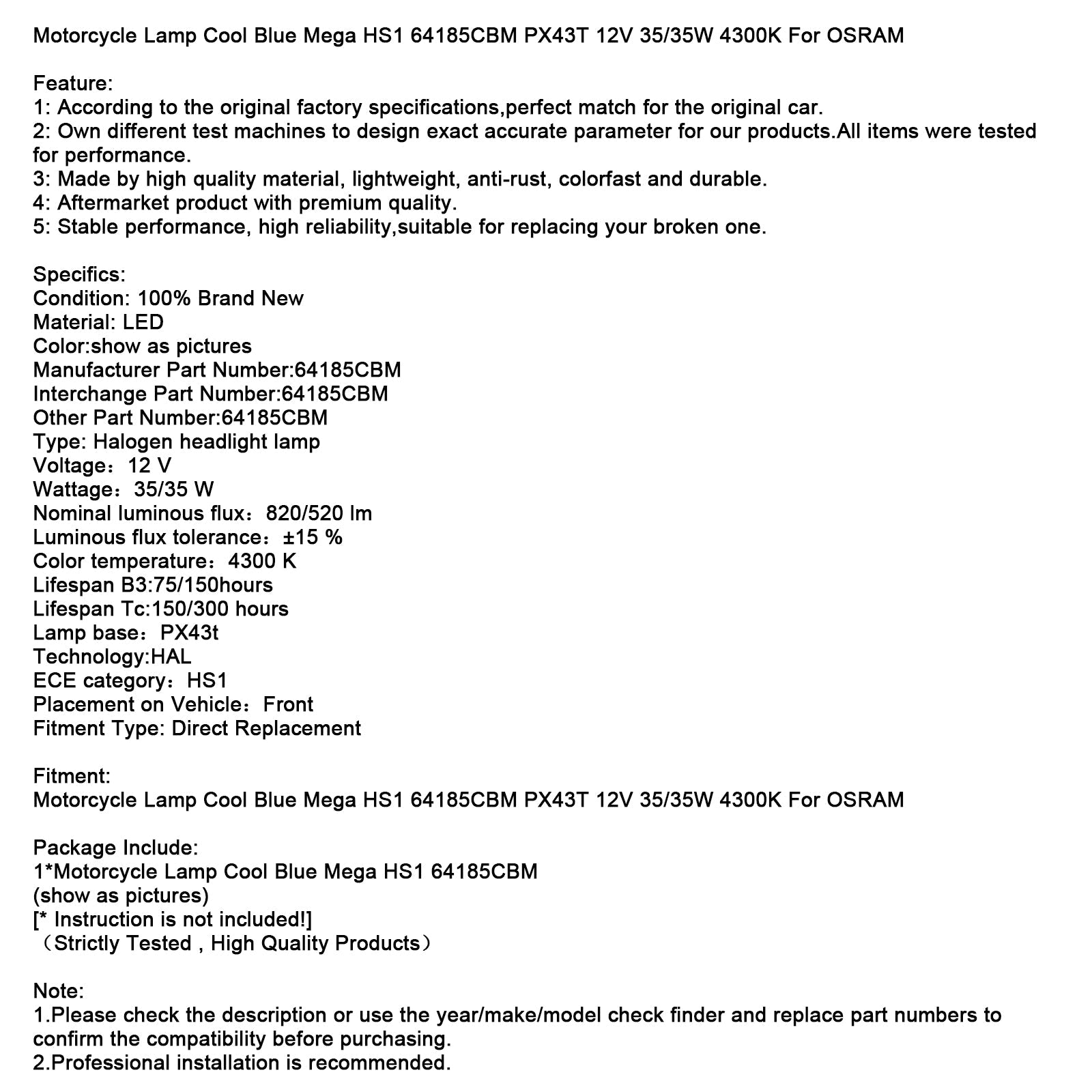 Motorcycle Lamp Cool Blue Mega HS1 64185CBM PX43T 12V 35/35W 4300K For OSRAM
